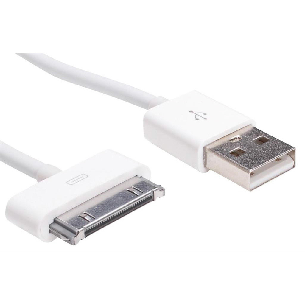 Cavo di ricarica bianco con connettori USB e per dispositivi. Il connettore del dispositivo è argentato. Lo sfondo è bianco.