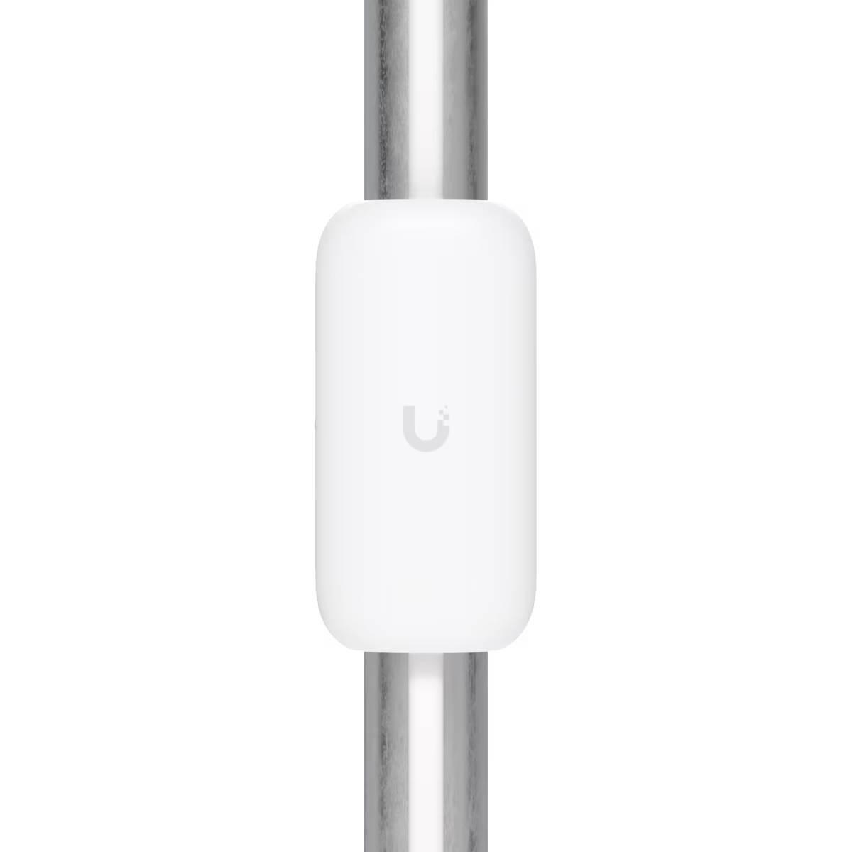 Un dispositivo rettangolare bianco e arrotondato è centrato su due barre argentate. Il dispositivo ha un piccolo logo 'U'. Lo sfondo è bianco.