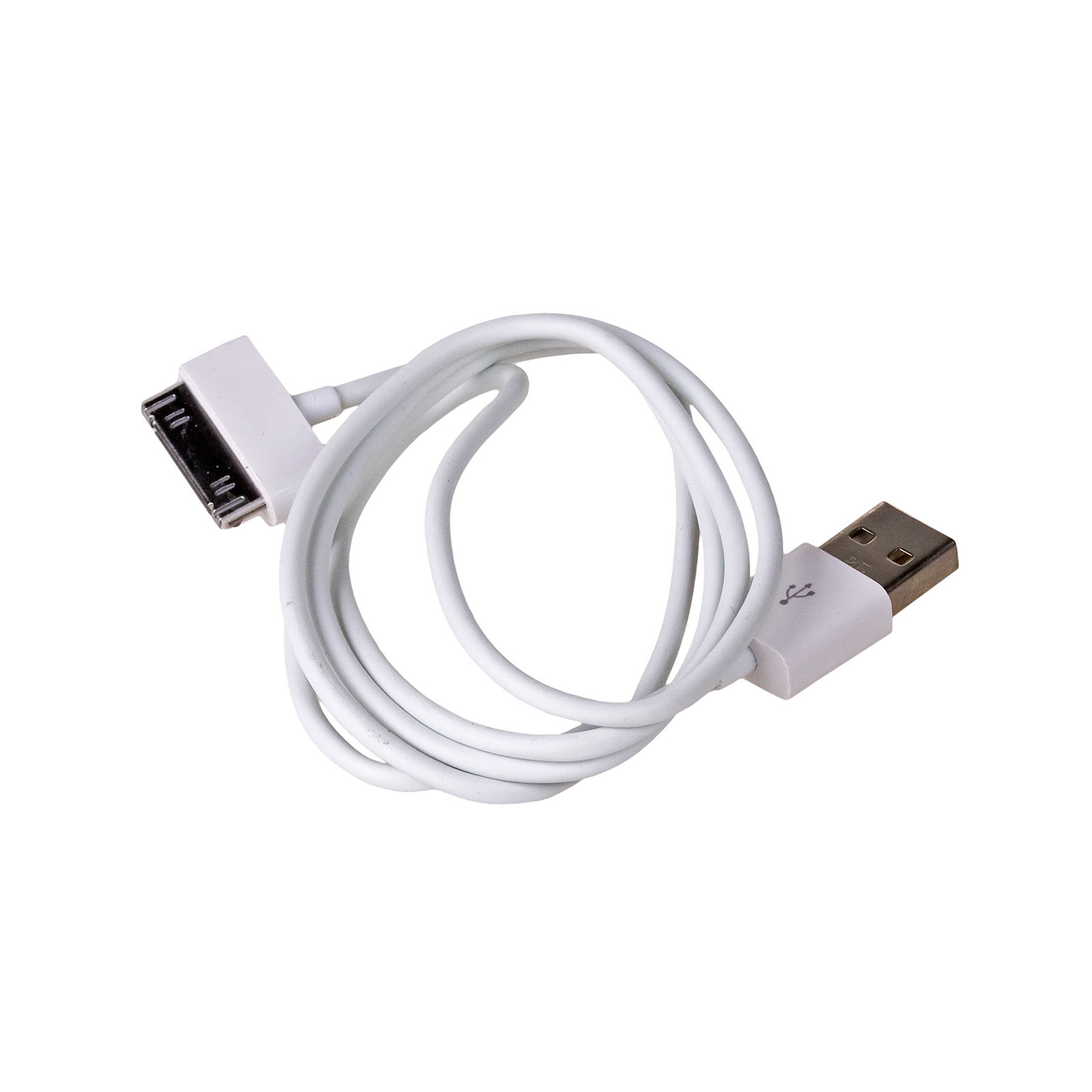 Cavo USB bianco con connettore a 30 pin e connettore USB. Cavo arrotolato su sfondo bianco.