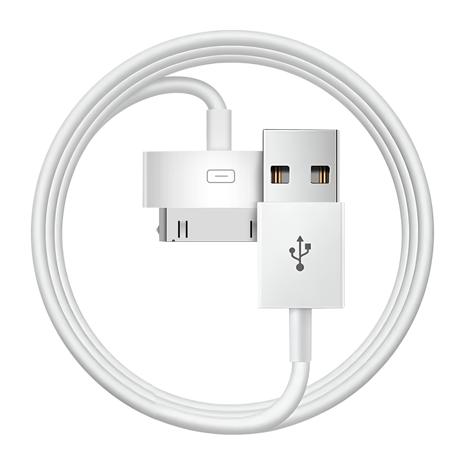 Cavo USB bianco. Ha un connettore USB, un connettore Lightning e un cavo di forma circolare.