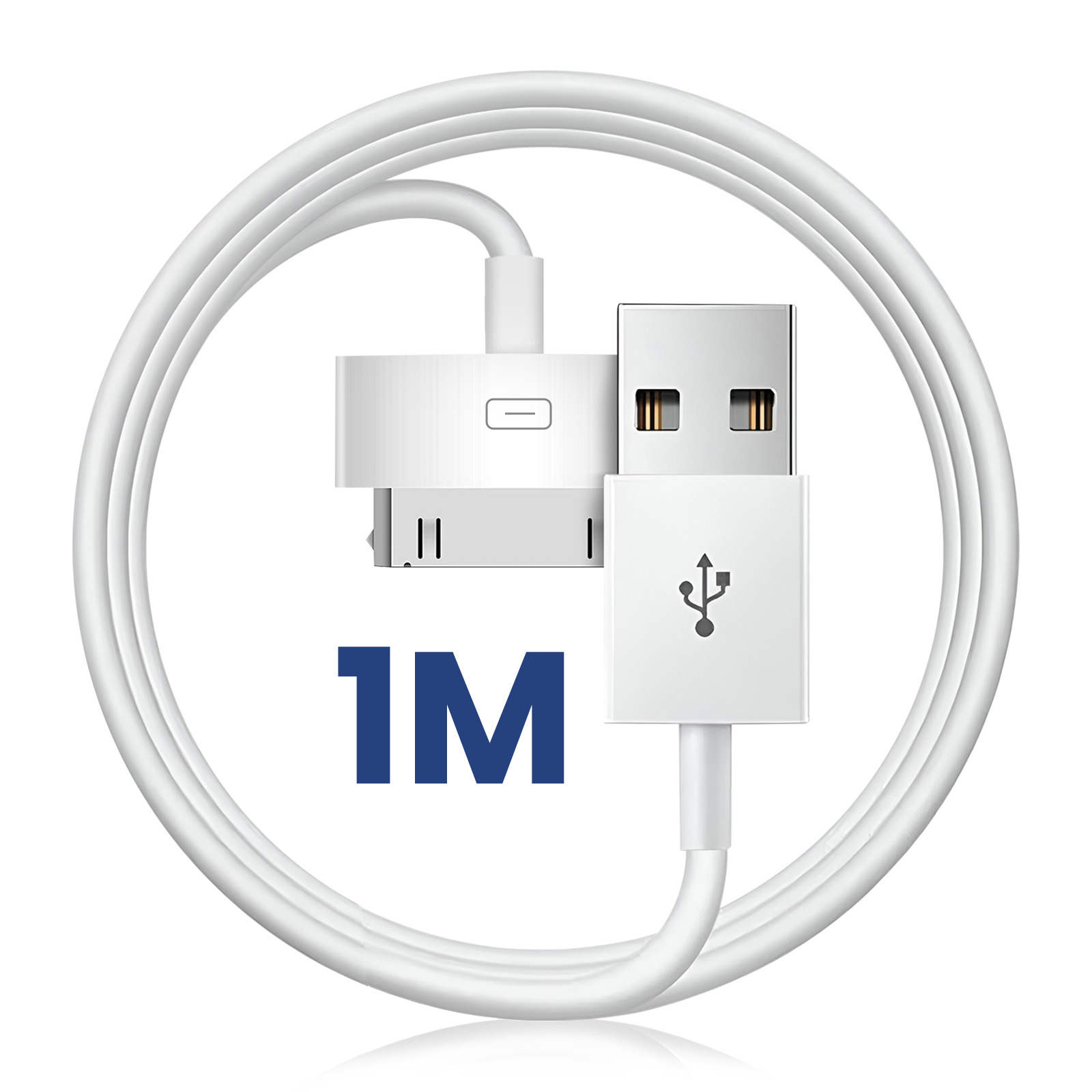 Cavo USB bianco con indicatore di lunghezza 1M. Il cavo ha un connettore USB-A e Lightning. Lo sfondo è bianco.