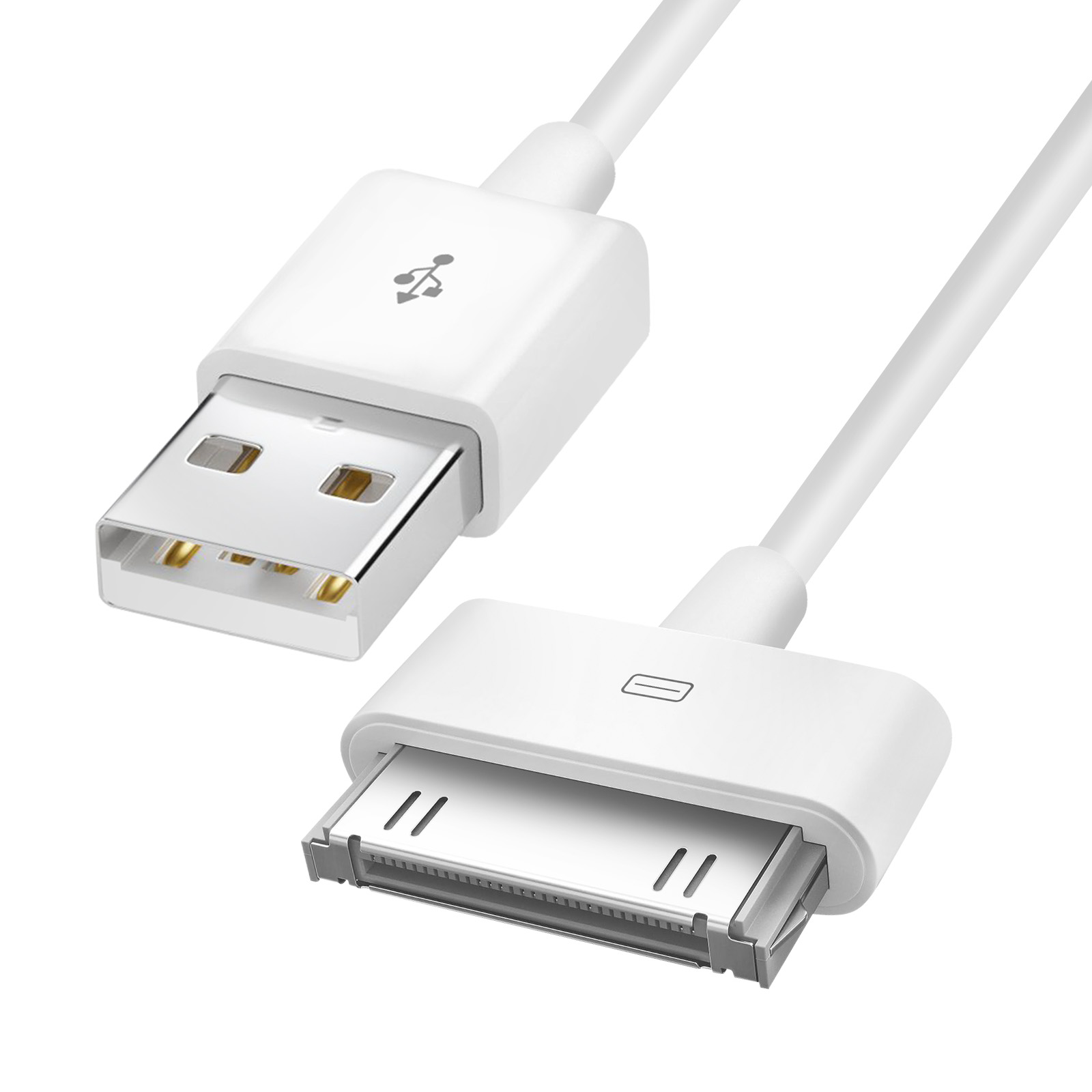 Un cavo di ricarica USB bianco con estremità USB e connettore. I connettori sono bianchi, il cavo è pulito e dritto.