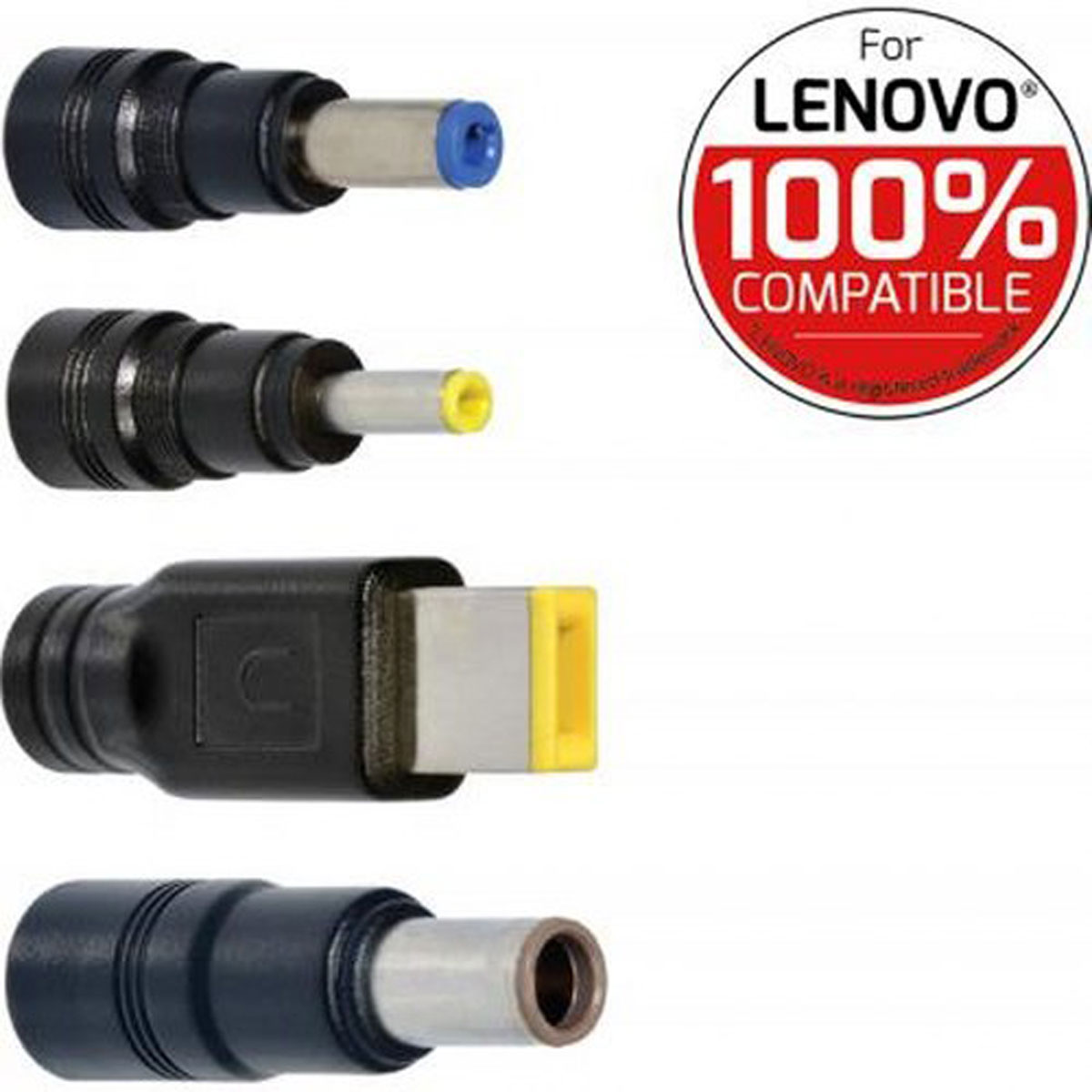 Quattro spine adattatore di alimentazione per laptop nere e argentate con punte di diversi colori e un logo compatibile Lenovo.