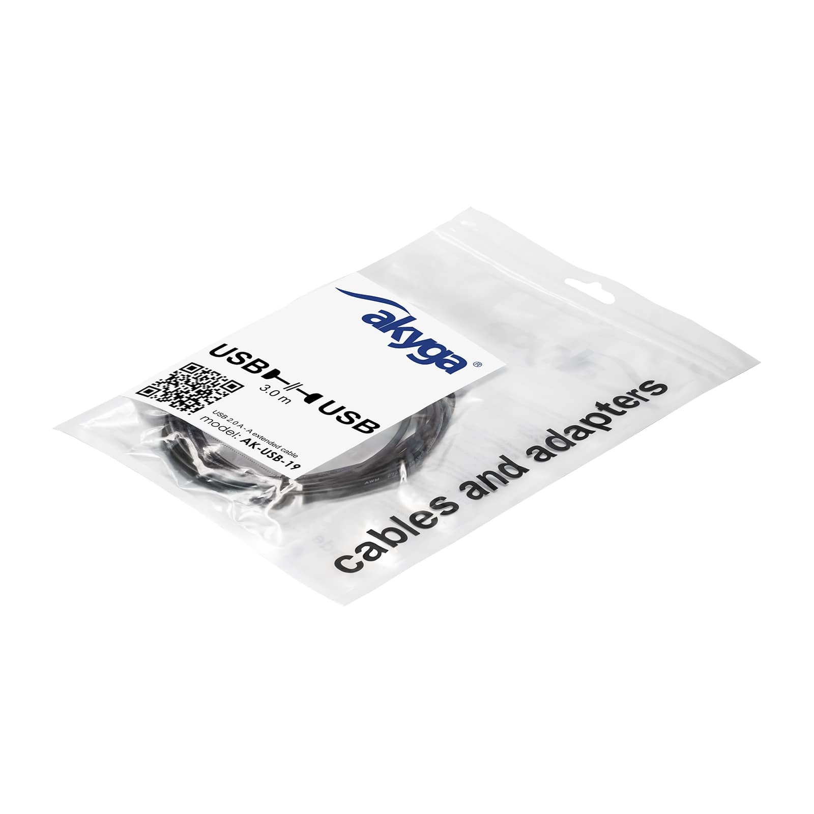Un cavo USB in una confezione di plastica trasparente. La confezione ha il logo akyga e il testo cavi e adattatori USB.