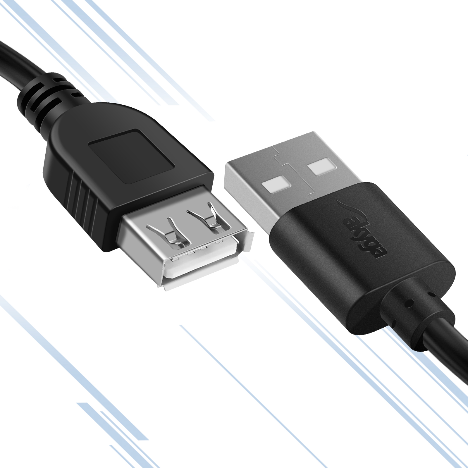 Un cavo USB con due connettori: uno USB-A femmina e uno USB-A maschio. Entrambi neri, il maschio con il marchio 'akg'a'.