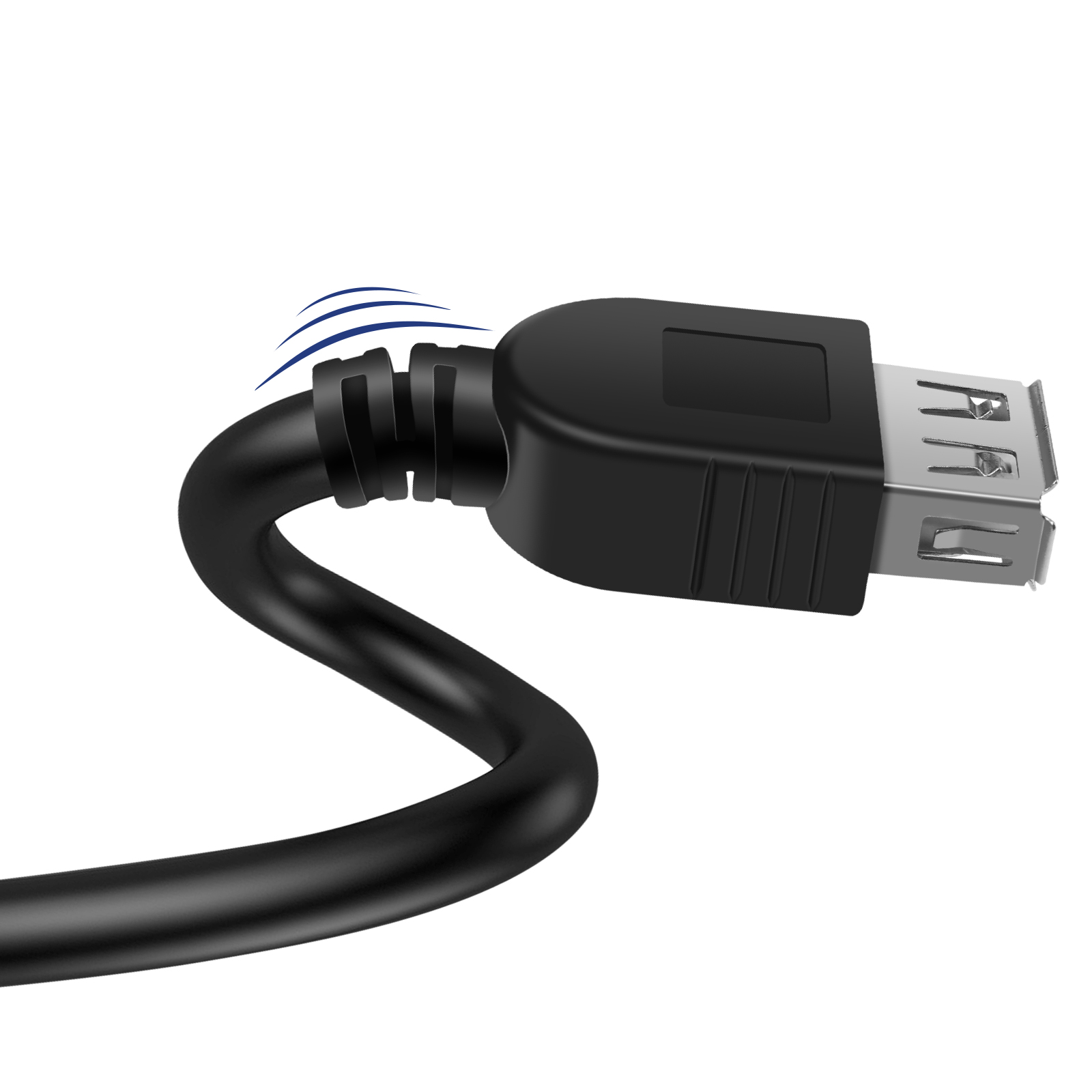 Cavo USB nero con connettore USB-A su sfondo bianco. Il cavo è curvo. Linee blu indicano la flessibilità.