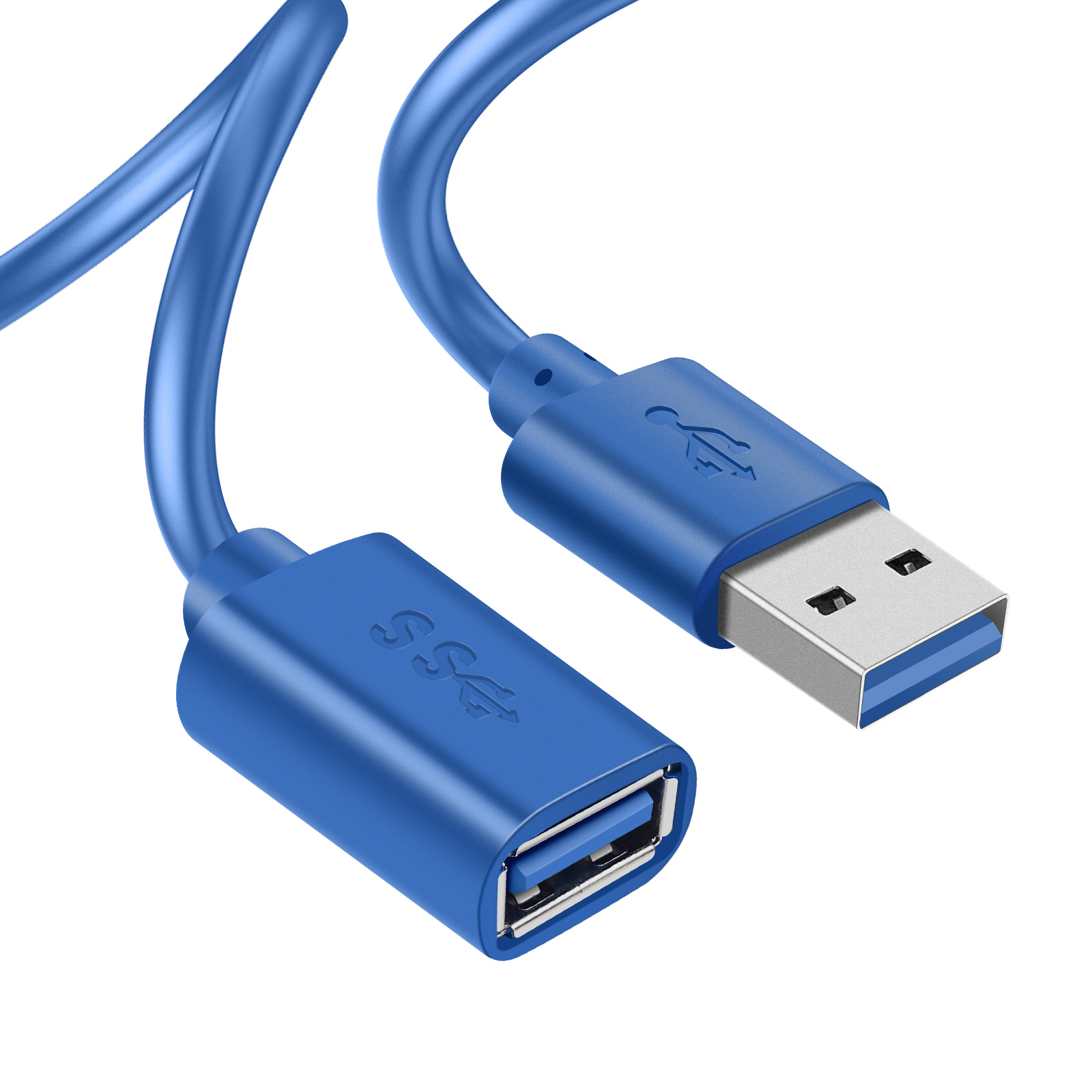 Cavo USB blu con connettori. Un'estremità è una USB femmina, l'altra è una USB maschio. Sfondo bianco.