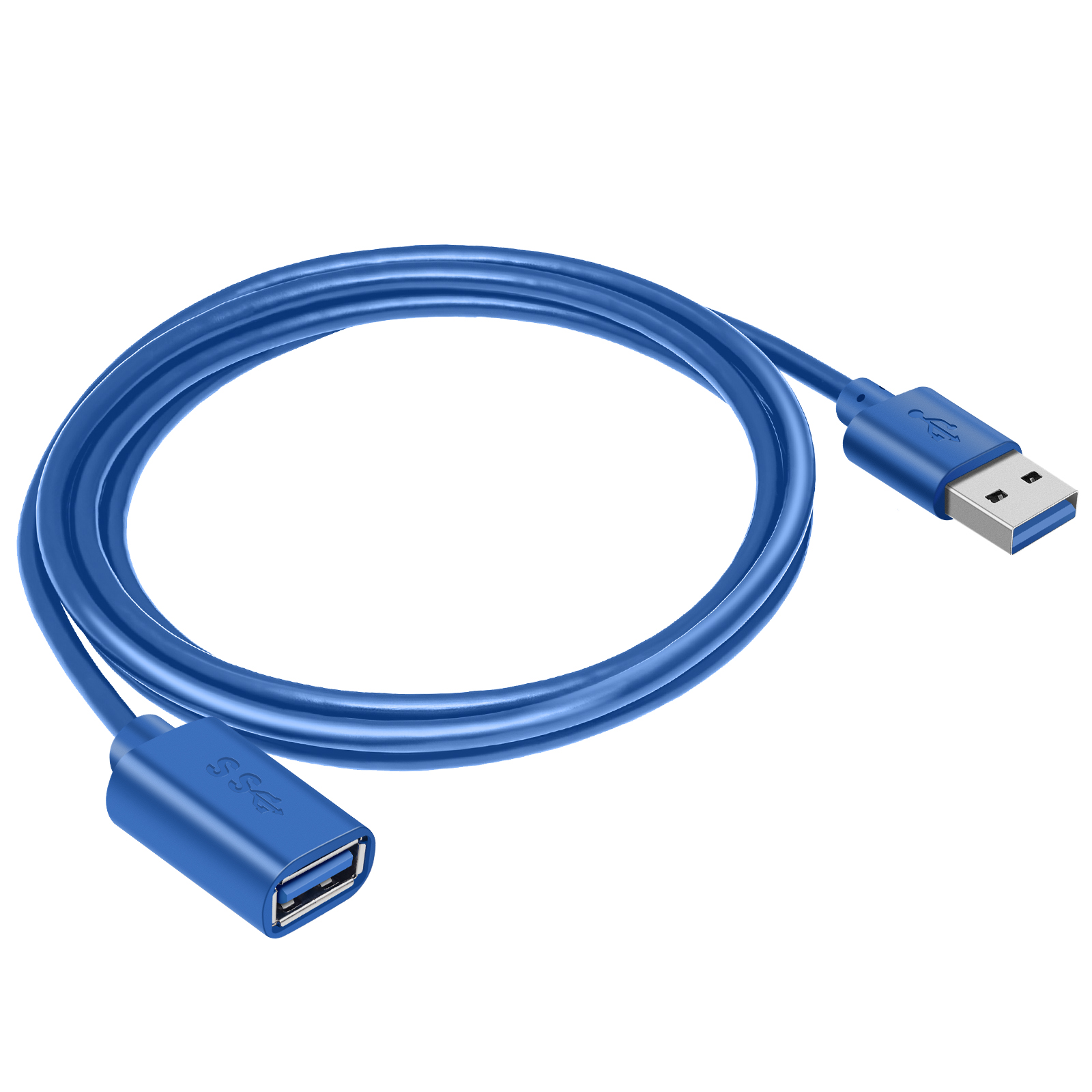 Un cavo USB blu è arrotolato su sfondo bianco. Ha un connettore USB-A e un connettore femmina USB-A.