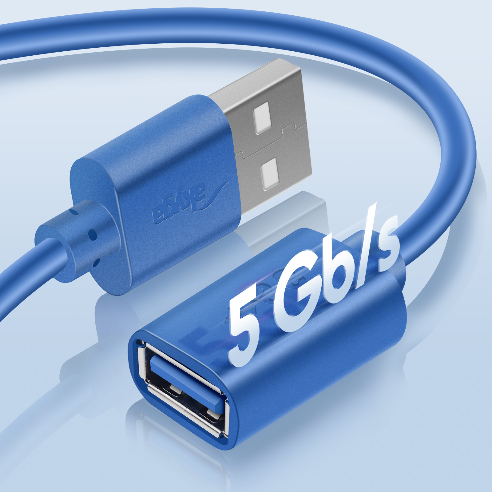 Un cavo USB blu con un connettore argentato, il cavo riporta la scritta '5 Gb/s'.