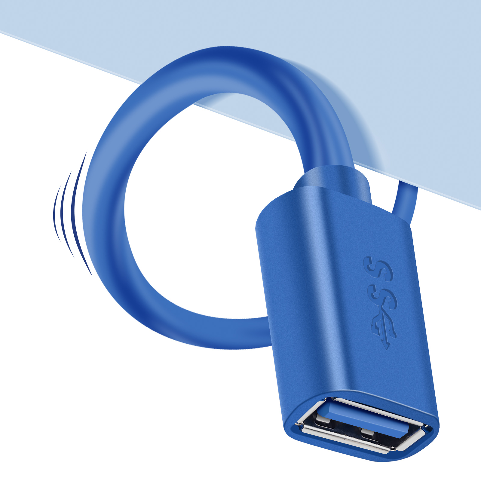 Un cavo USB blu con un anello ovale. Il connettore è visibile. Lo sfondo è bianco e azzurro.