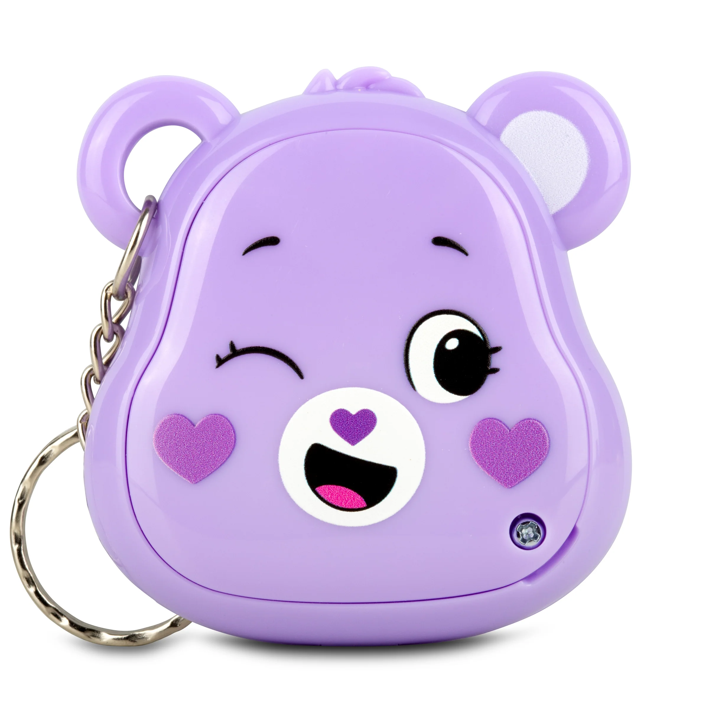 Een paarse Care Bear sleutelhanger met een knipogend gezicht, hartdetails en een zilveren ketting.