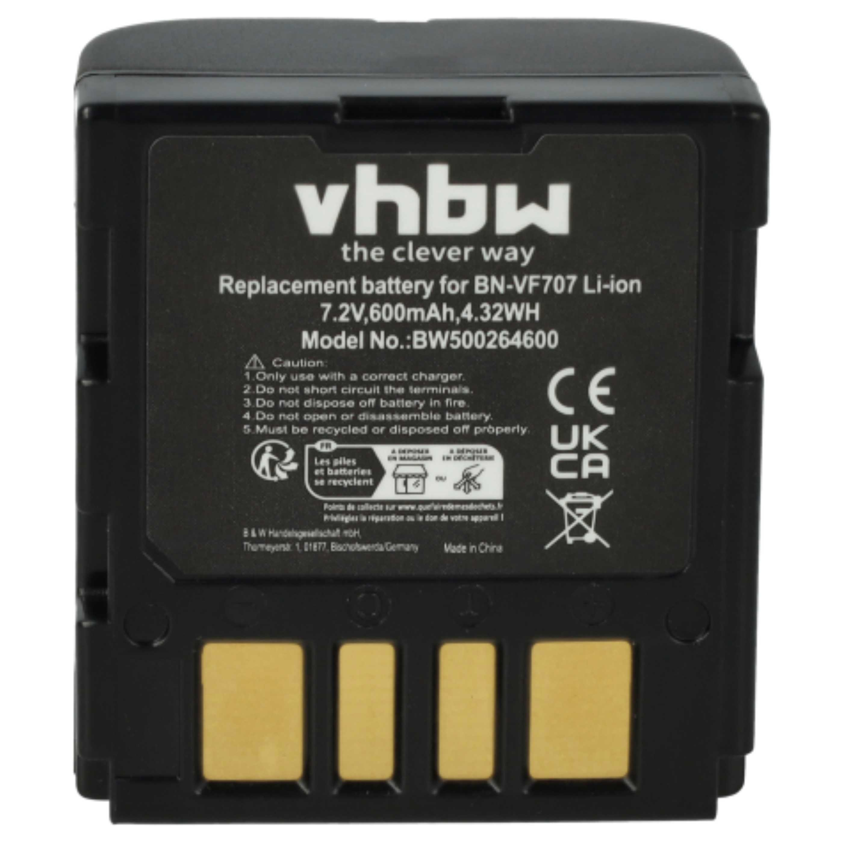 Schwarzer vhbw-Ersatzakku für BN-VF707 Li-ion. Er hat Text und Logos auf der Oberfläche, mit goldfarbenen Kontakten unten.