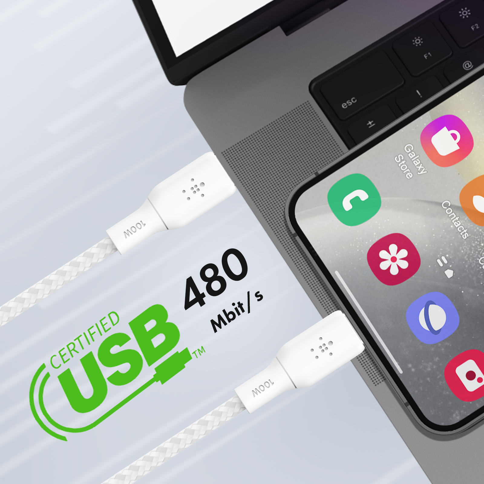 Un cavo USB bianco collegato a un laptop e a uno smartphone. Lo schermo mostra le icone delle app. Il testo dice 'USB' e '480 Mbit/s'.