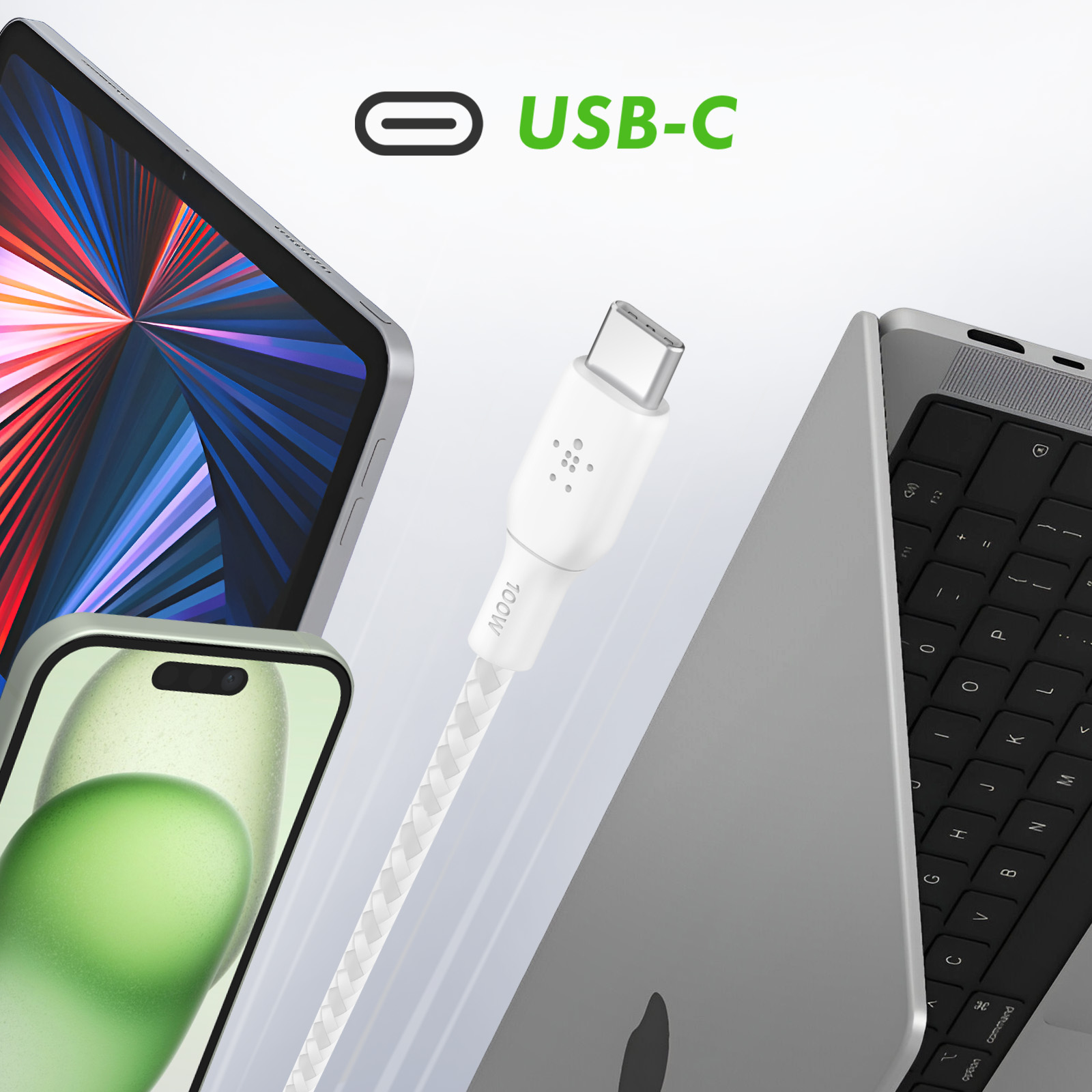L'immagine mostra un cavo USB-C che collega dispositivi: tablet, telefono e laptop. Il cavo è bianco, con "100W" stampato.