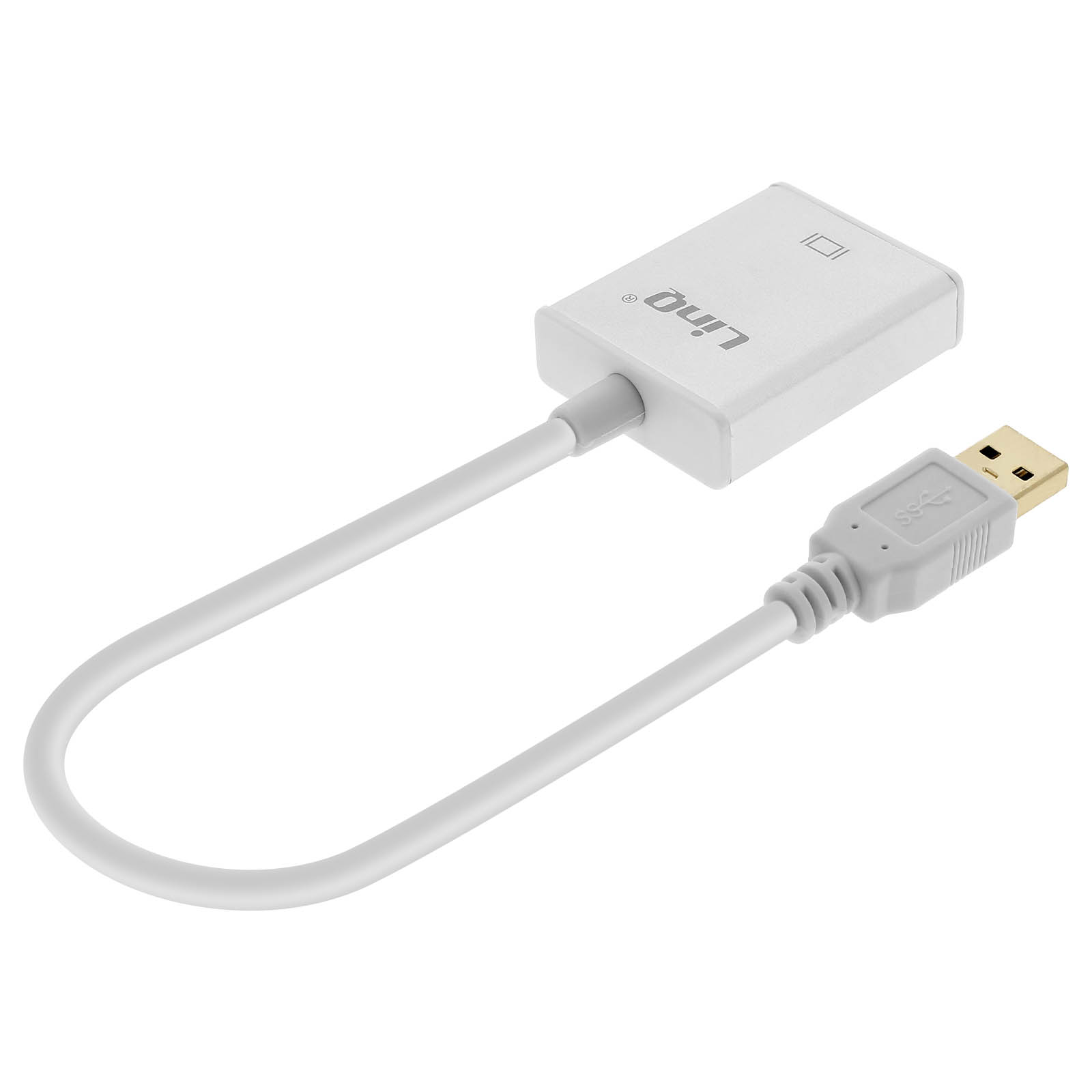 Un adattatore Liq bianco con cavo collegato e connettore USB. L'USB è di colore oro.