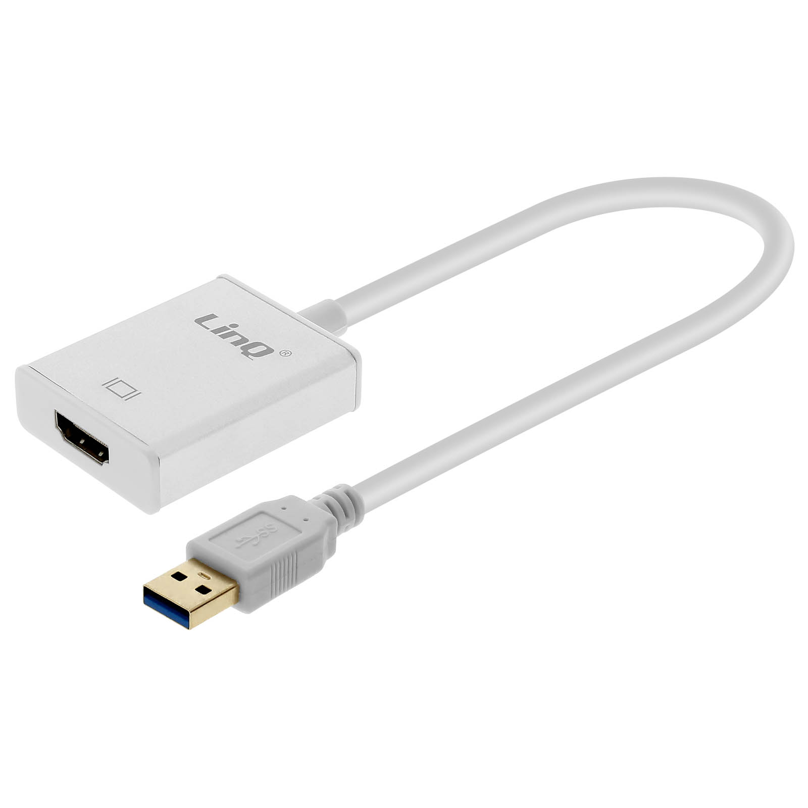 Adattatore da HDMI a USB bianco. L'adattatore ha un alloggiamento bianco e un cavo bianco curvo collegato a un connettore USB.
