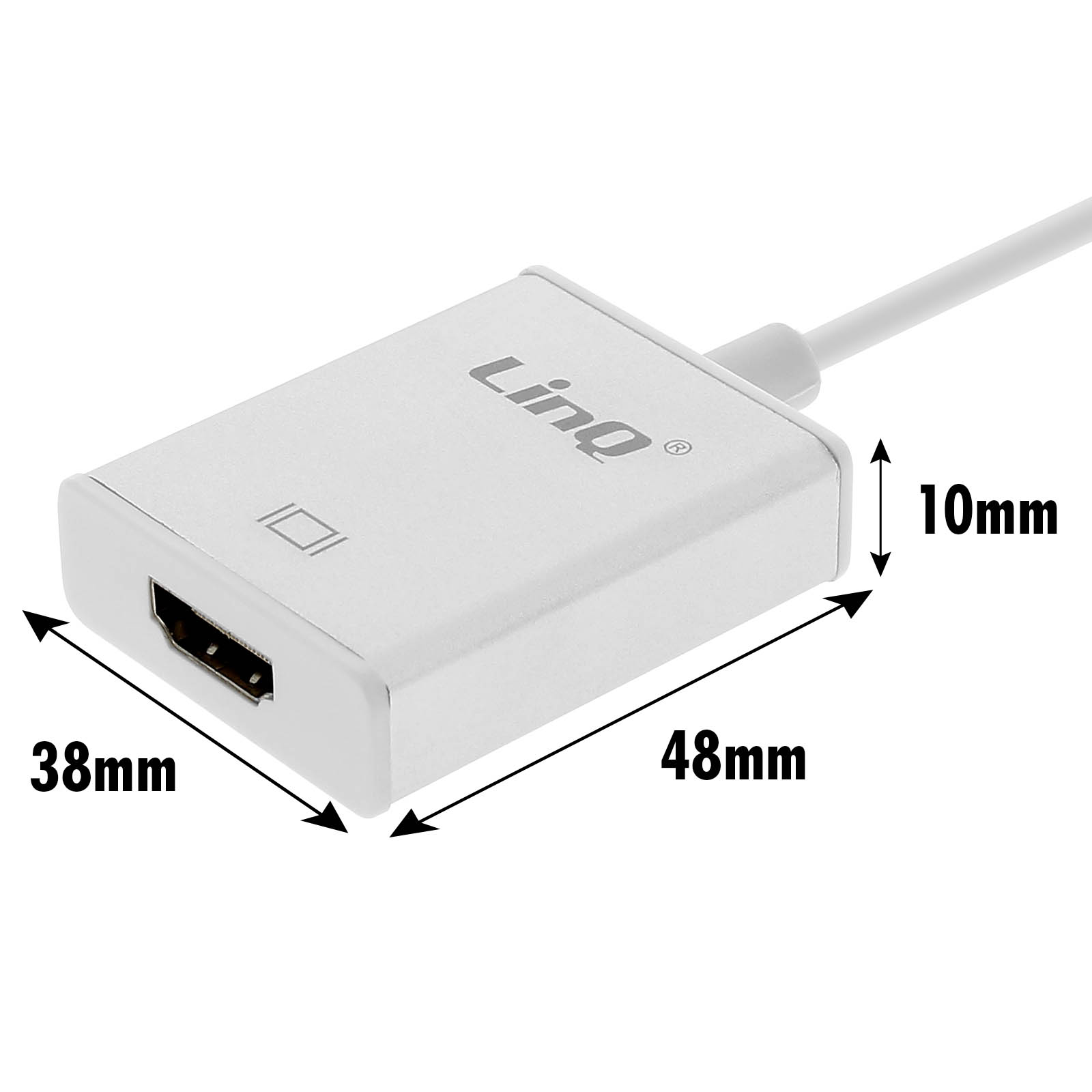 Un adattatore HDMI LinQ bianco. Ha una porta HDMI nera e un cavo bianco. Le dimensioni sono indicate: 38 mm, 48 mm e 10 mm.