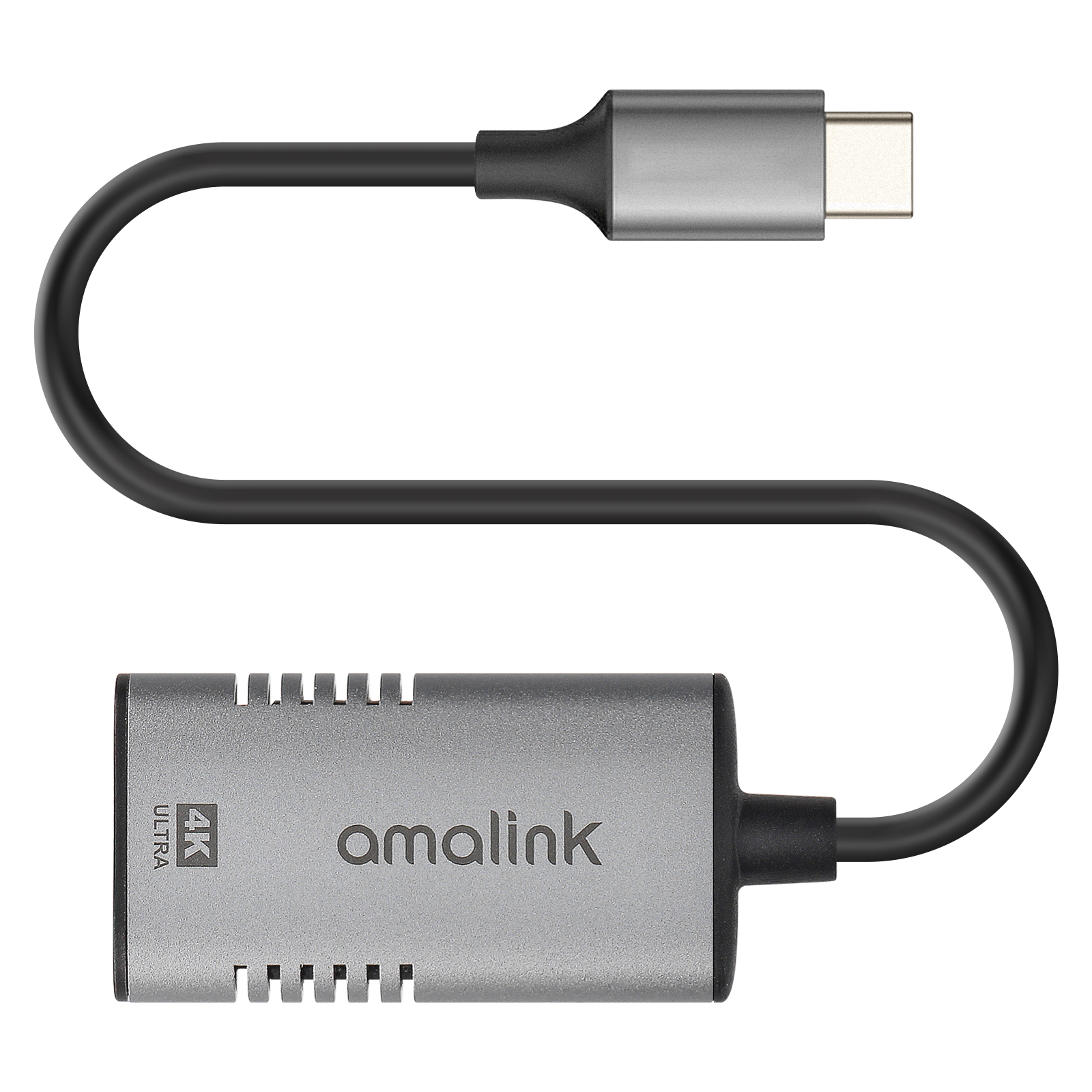 Cavo adattatore argento e nero con connettore USB-C e scatola con 'amalink' e '4K Ultra'.
