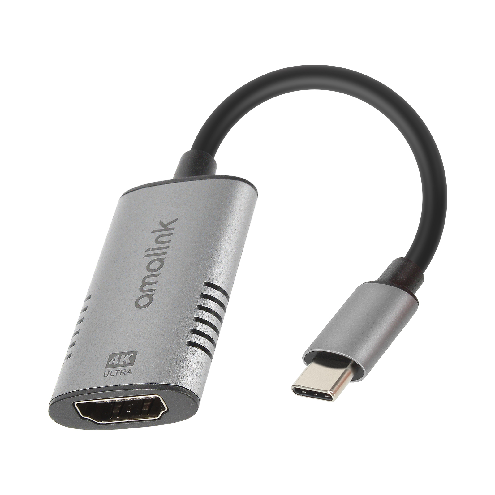 Un adattatore argento e nero con porta USB-C e HDMI. C'è il marchio 'amalink' e '4K Ultra'.