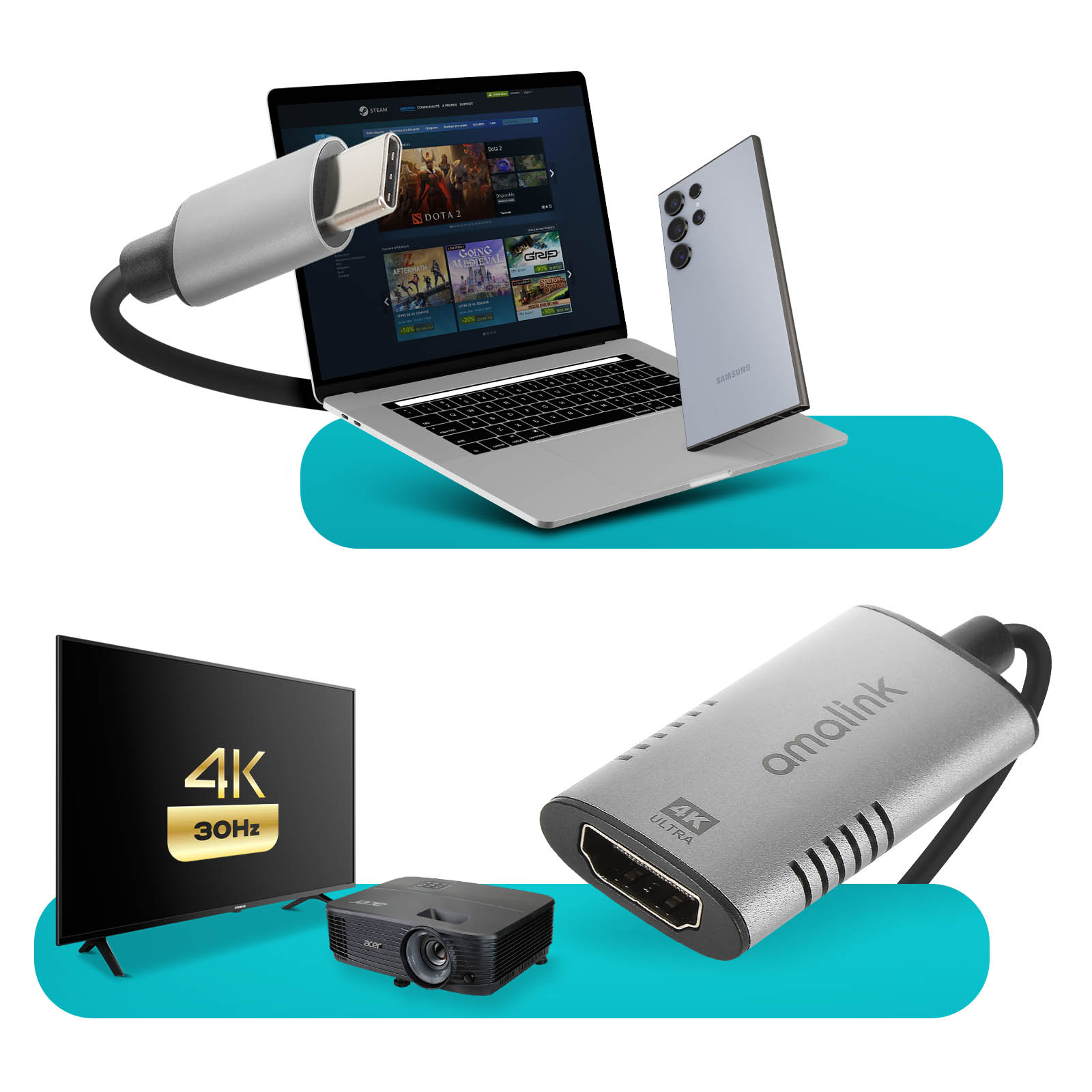 Laptop, telefono e adattatore su una superficie blu. Sono presenti anche una TV e un proiettore. Tutti sono relativi alla visualizzazione e allo streaming.