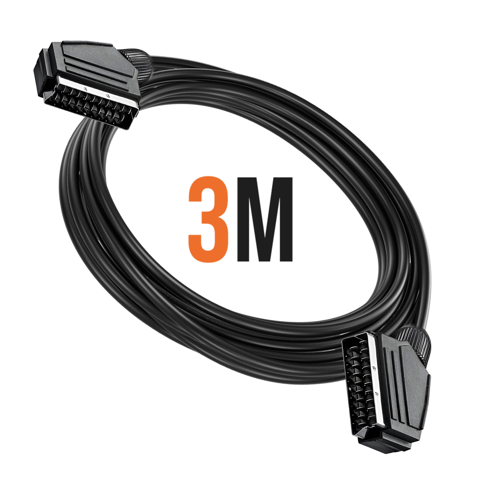 Un cavo SCART nero con due connettori, 3M scritto in nero e arancione. Sfondo bianco.