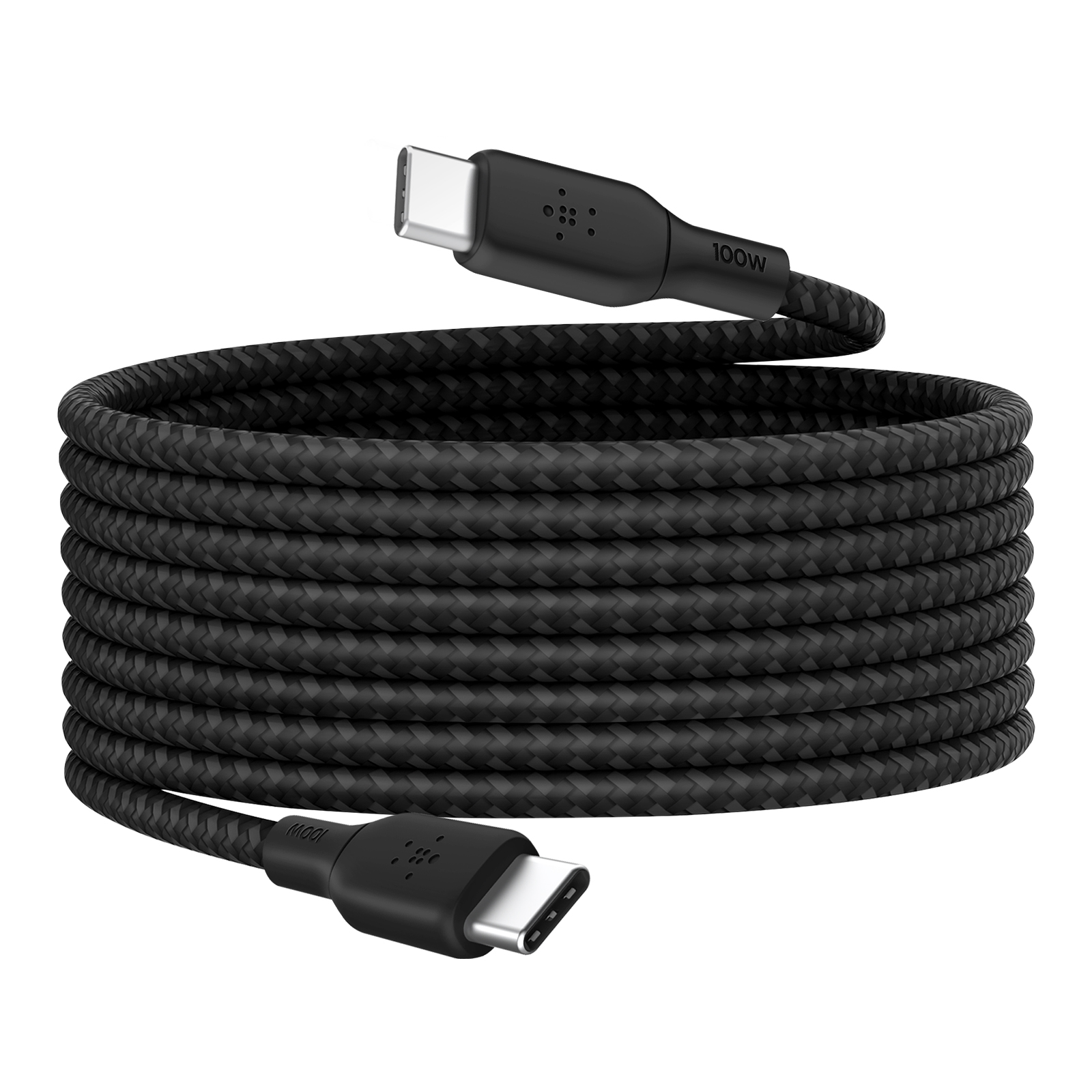 Cavo USB-C intrecciato nero arrotolato. Entrambe le estremità mostrano connettori USB-C. Il cavo è etichettato '100W' e ha il logo Belkin.