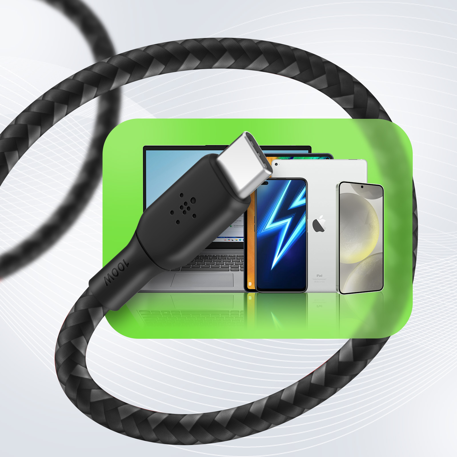 Cavo USB-C nero con etichetta 100W. Dispositivi: laptop, telefono con fulmine, iPad e telefono. Sfondo verde con linee bianche.