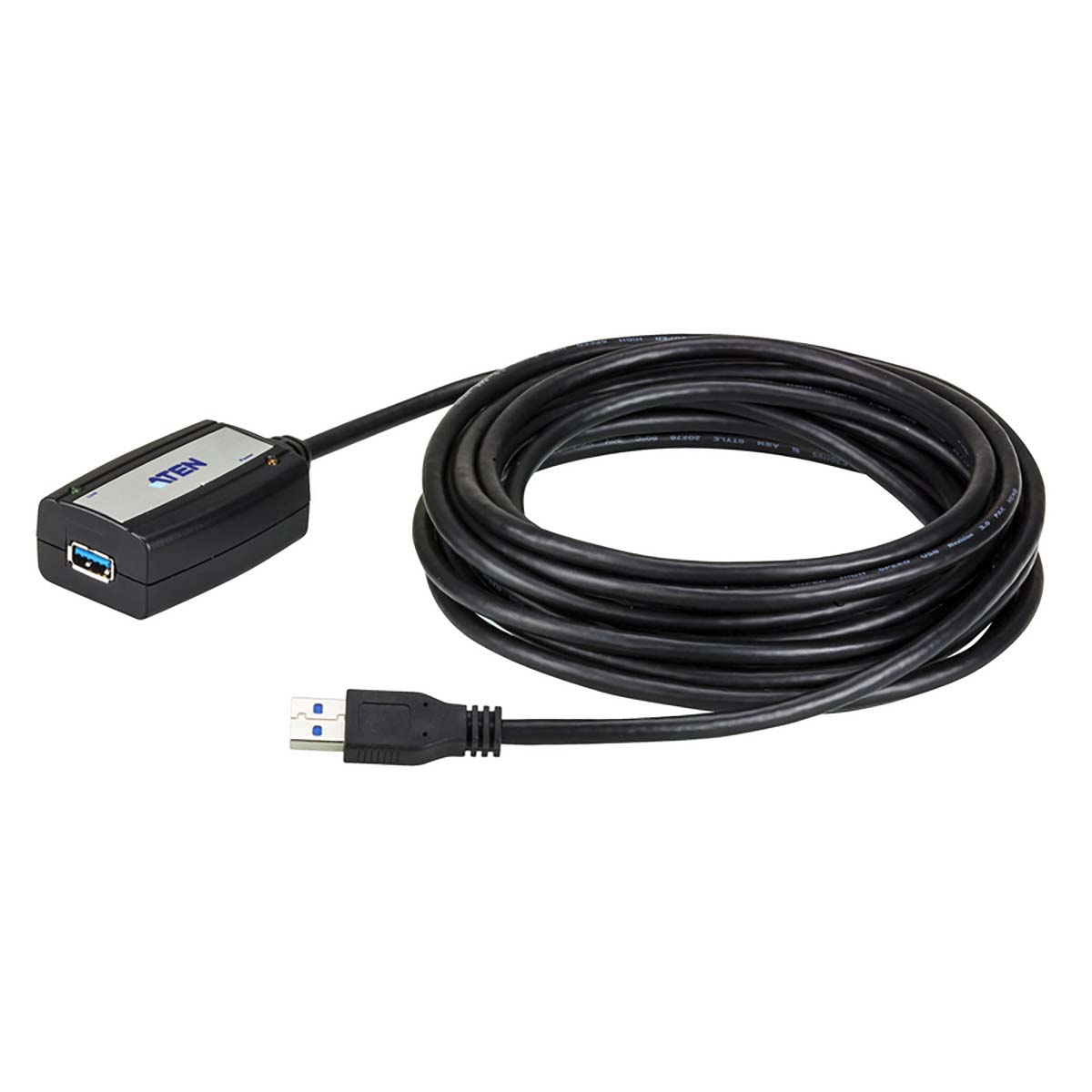 Un cavo di prolunga USB nero con cavo a spirale e connettore USB. La scatola di prolunga ha il logo ATEN.