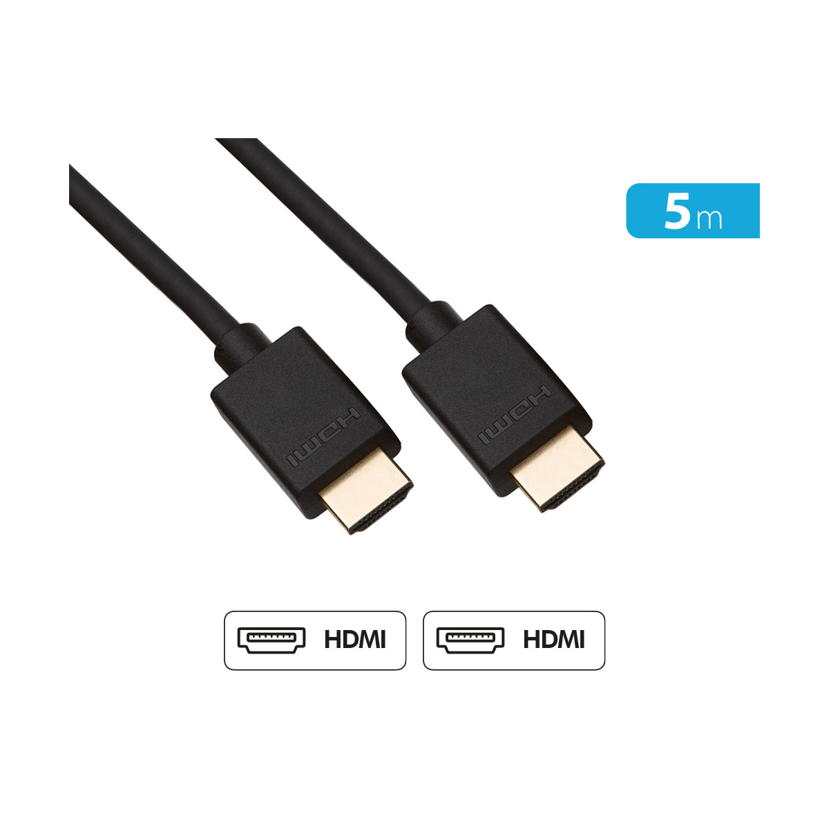 Cavo HDMI nero con connettori. Un cartello '5m' è in alto a destra. Due icone HDMI sono in basso. Sfondo bianco.