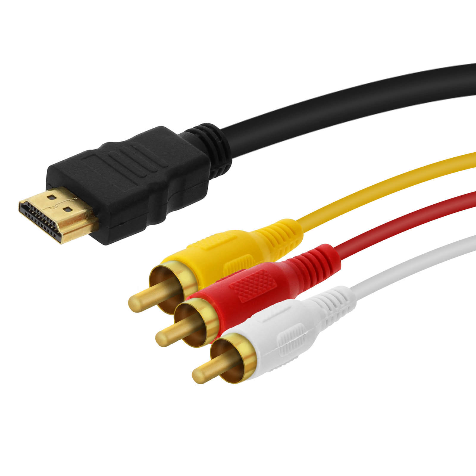 Ein HDMI-Kabel und drei Cinch-Kabel. Die Cinch-Kabel sind gelb, rot und weiß. Alles auf weißem Hintergrund.