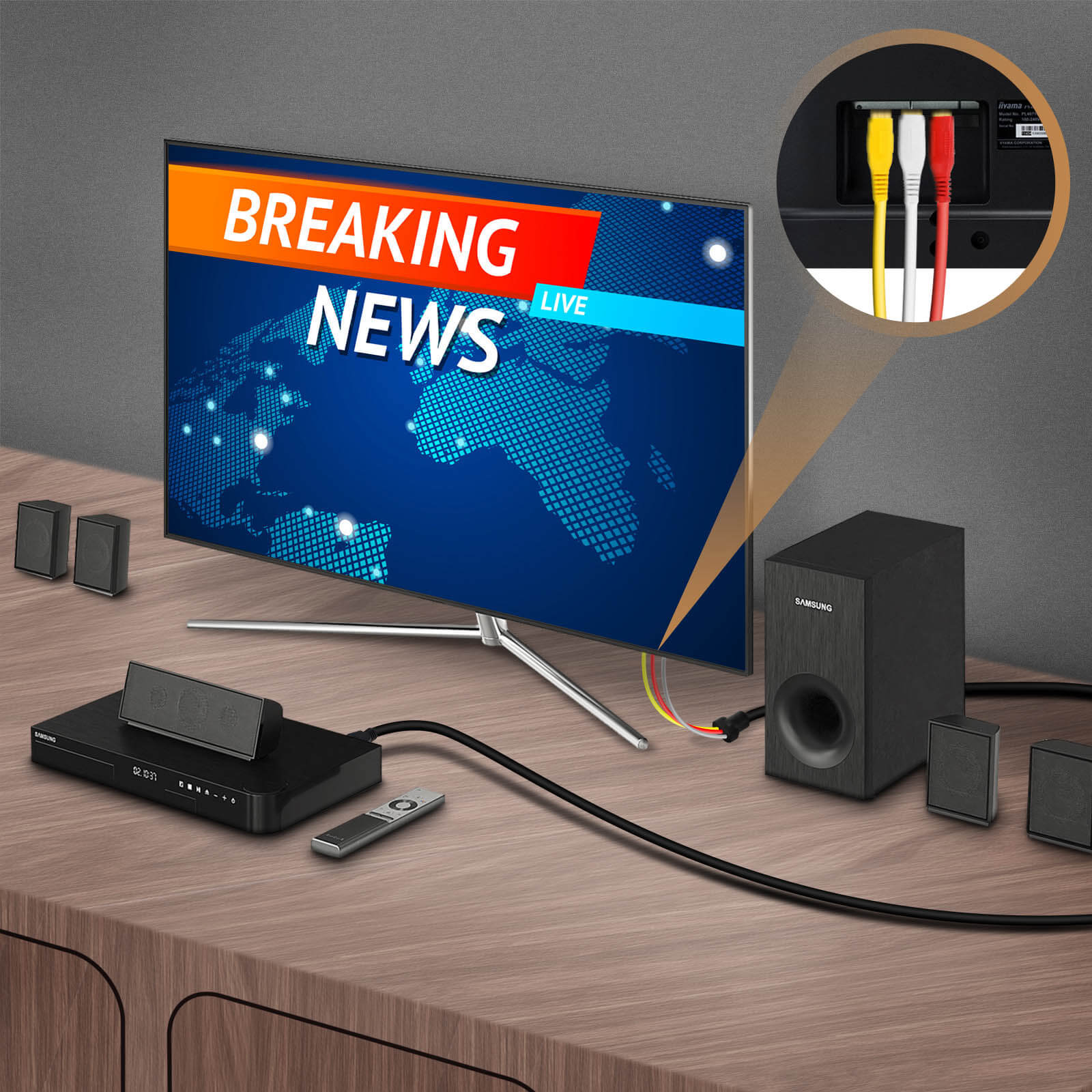 Fernseher zeigt Eilmeldung, verbunden mit DVD-Player und Lautsprechern. Kabel sind an Fernseher und Subwoofer angeschlossen.