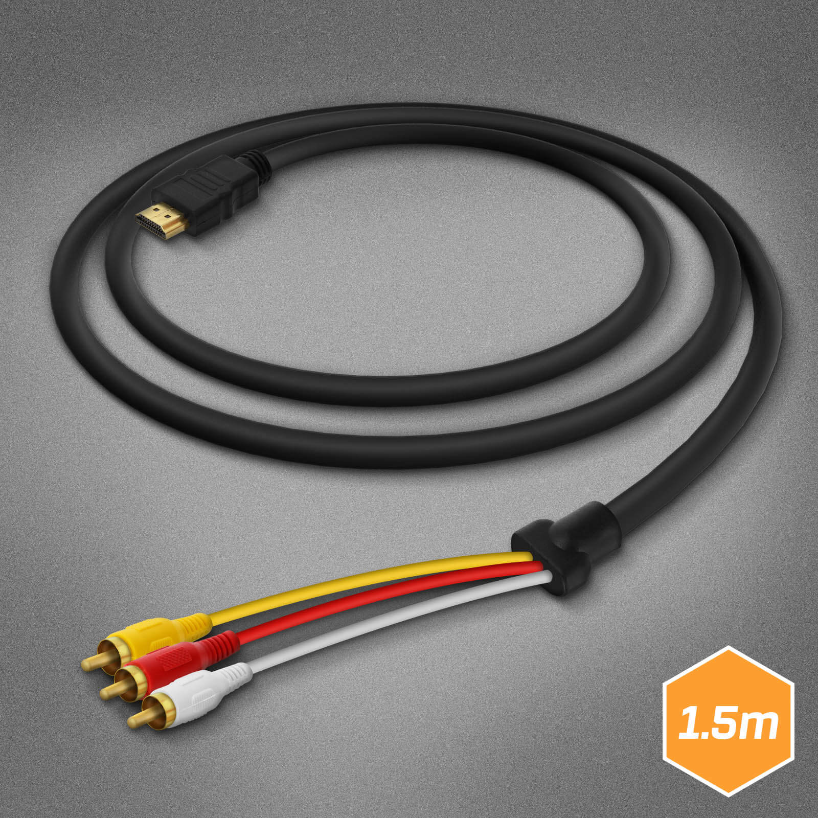 Schwarzes HDMI-Kabel mit gelben, roten und weißen Cinch-Kabeln. Unten rechts ein 1,5-m-Schild.