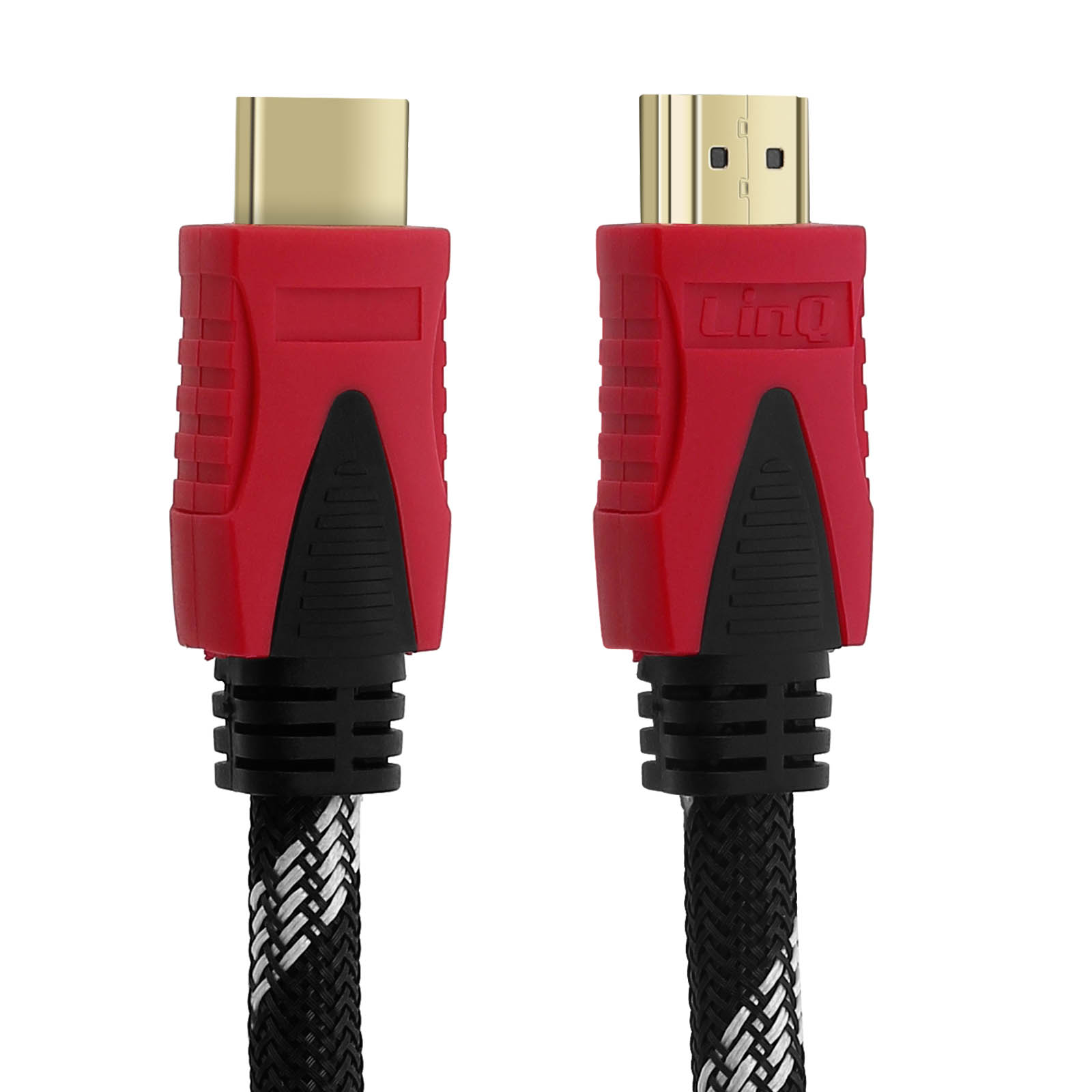 Due cavi HDMI rossi e neri. Connettori dorati, involucro in plastica rossa, dettagli neri e cavi intrecciati neri con dettagli bianchi.