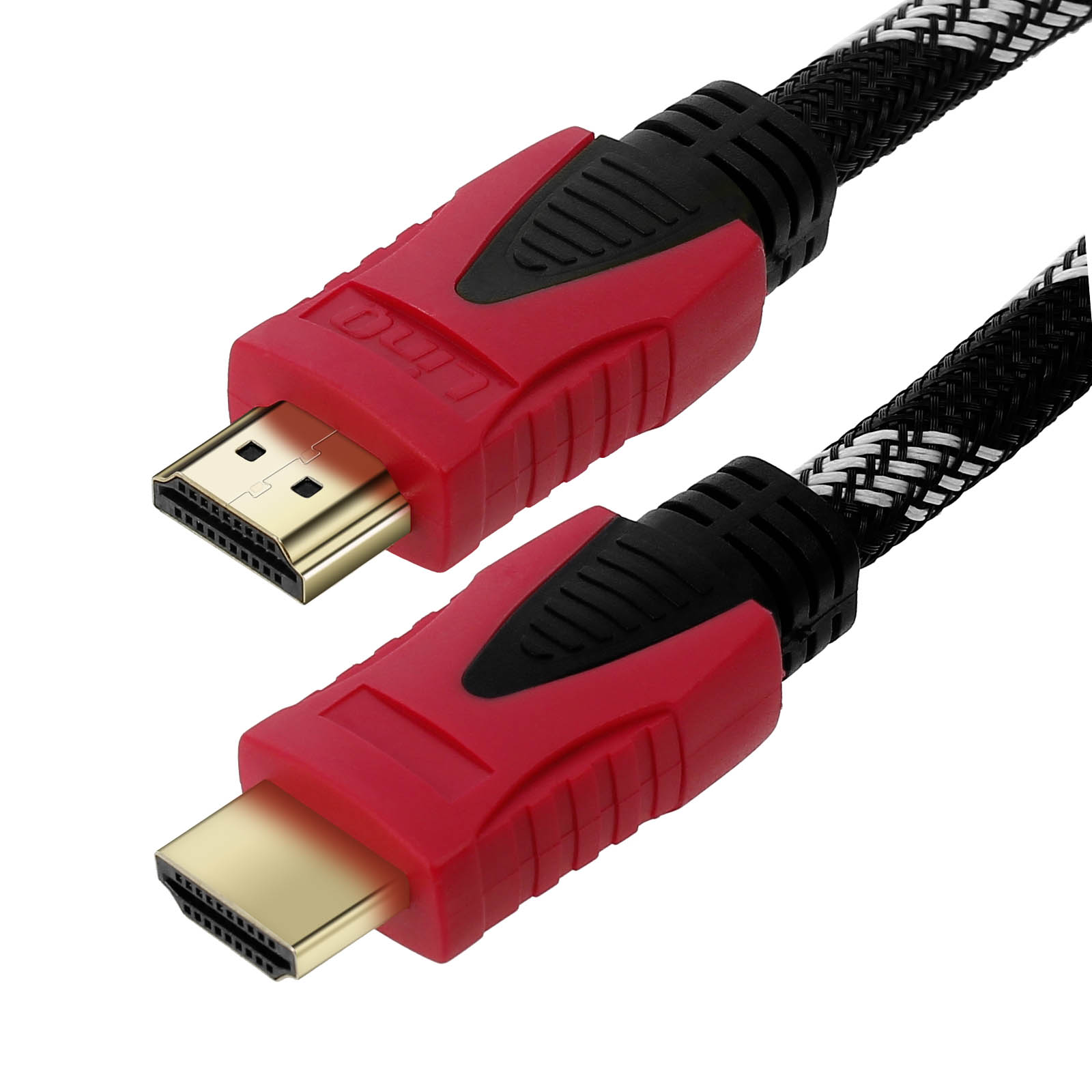 Due cavi HDMI con connettori rossi e cavi intrecciati bianchi e neri, su sfondo bianco.