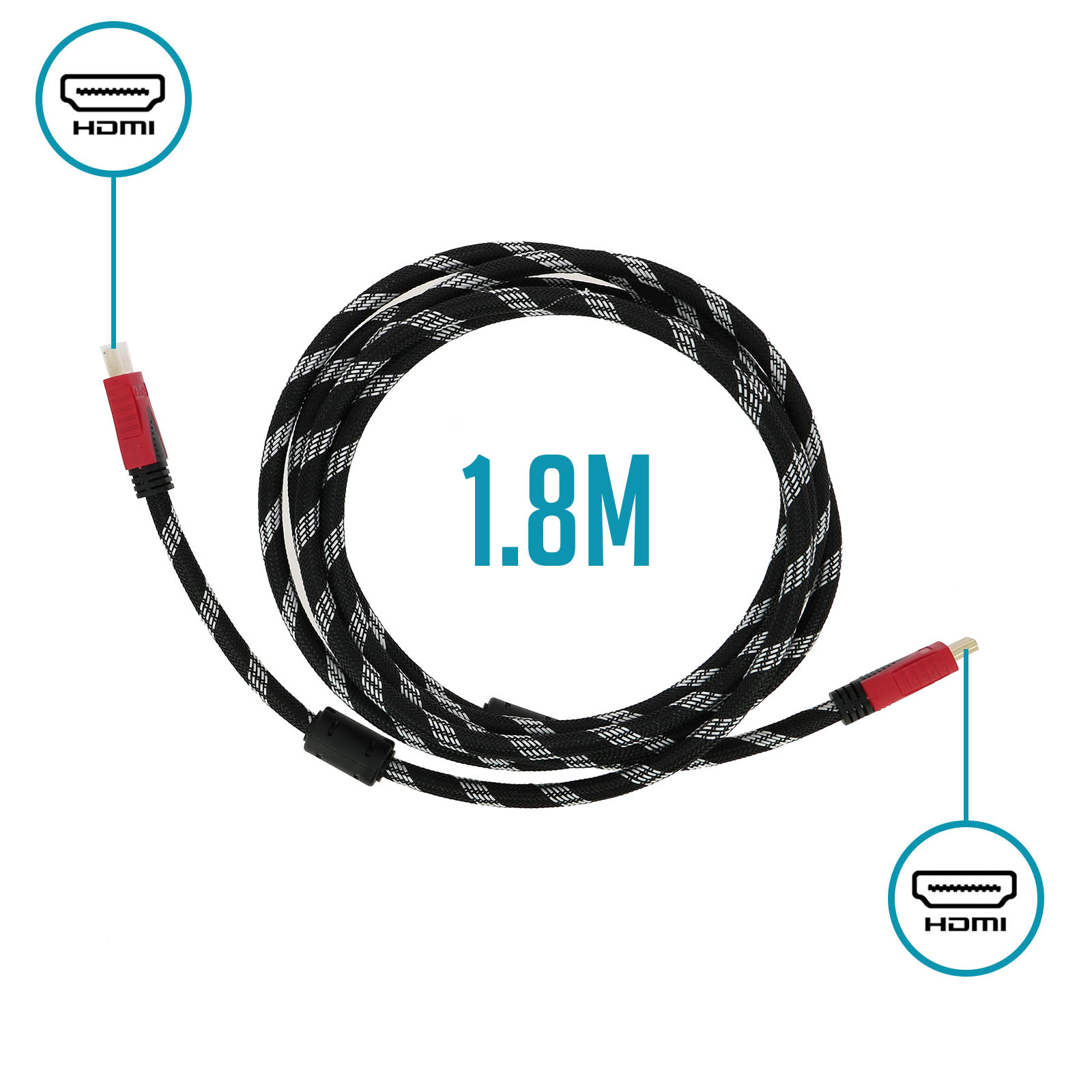 Cavo HDMI bianco e nero, arrotolato, con connettori rossi. Il testo '1.8M' è al centro.