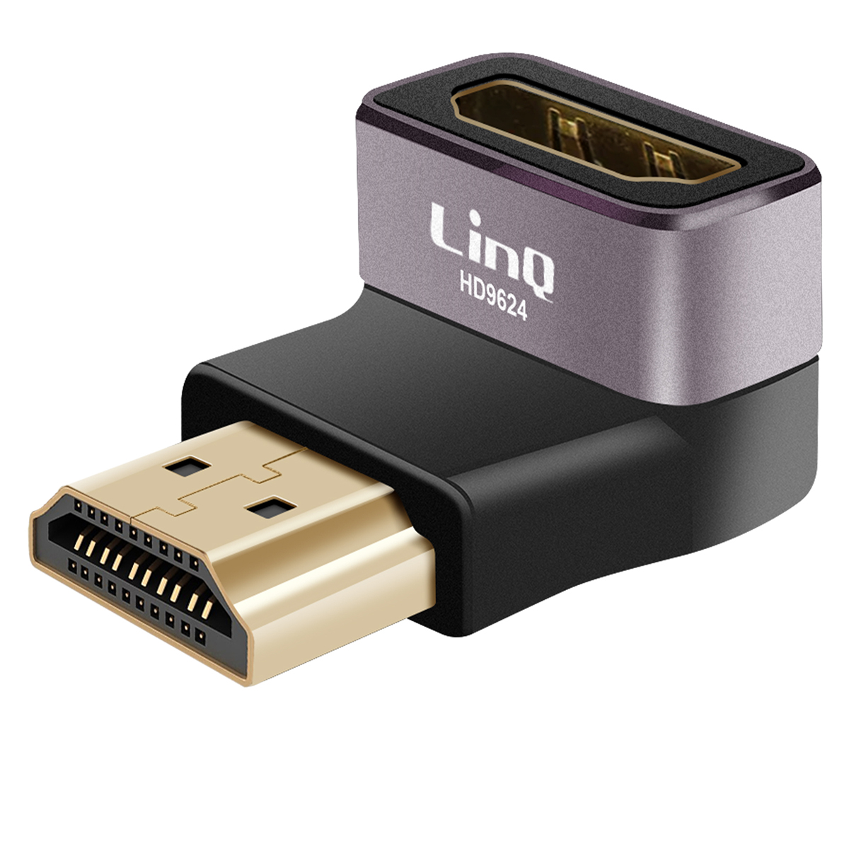 Un adattatore HDMI con connettore dorato e corpo nero e grigio. Il marchio 'Linq' è stampato sopra.