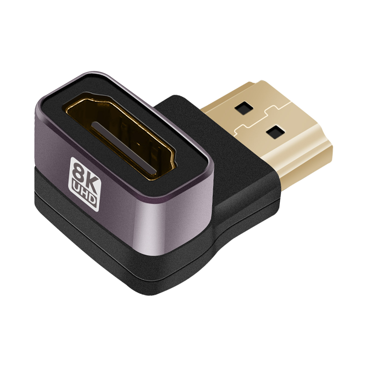 Un adattatore HDMI con connettori oro e neri. Ha un involucro viola con marchio 8K UHD e una base nera. Sfondo bianco.