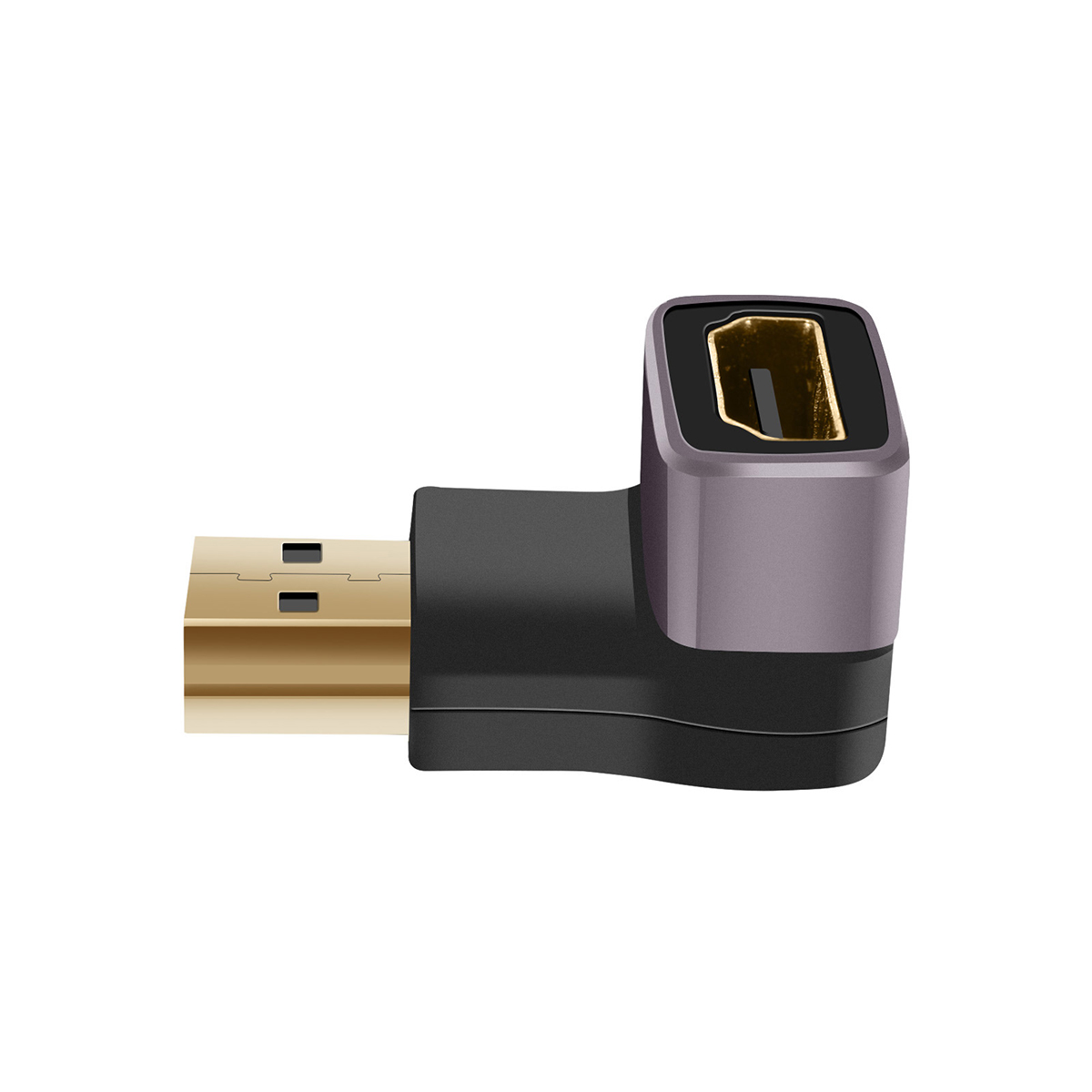 Un adattatore angolato con un connettore USB dorato e un connettore DisplayPort grigio. Lo sfondo è bianco.