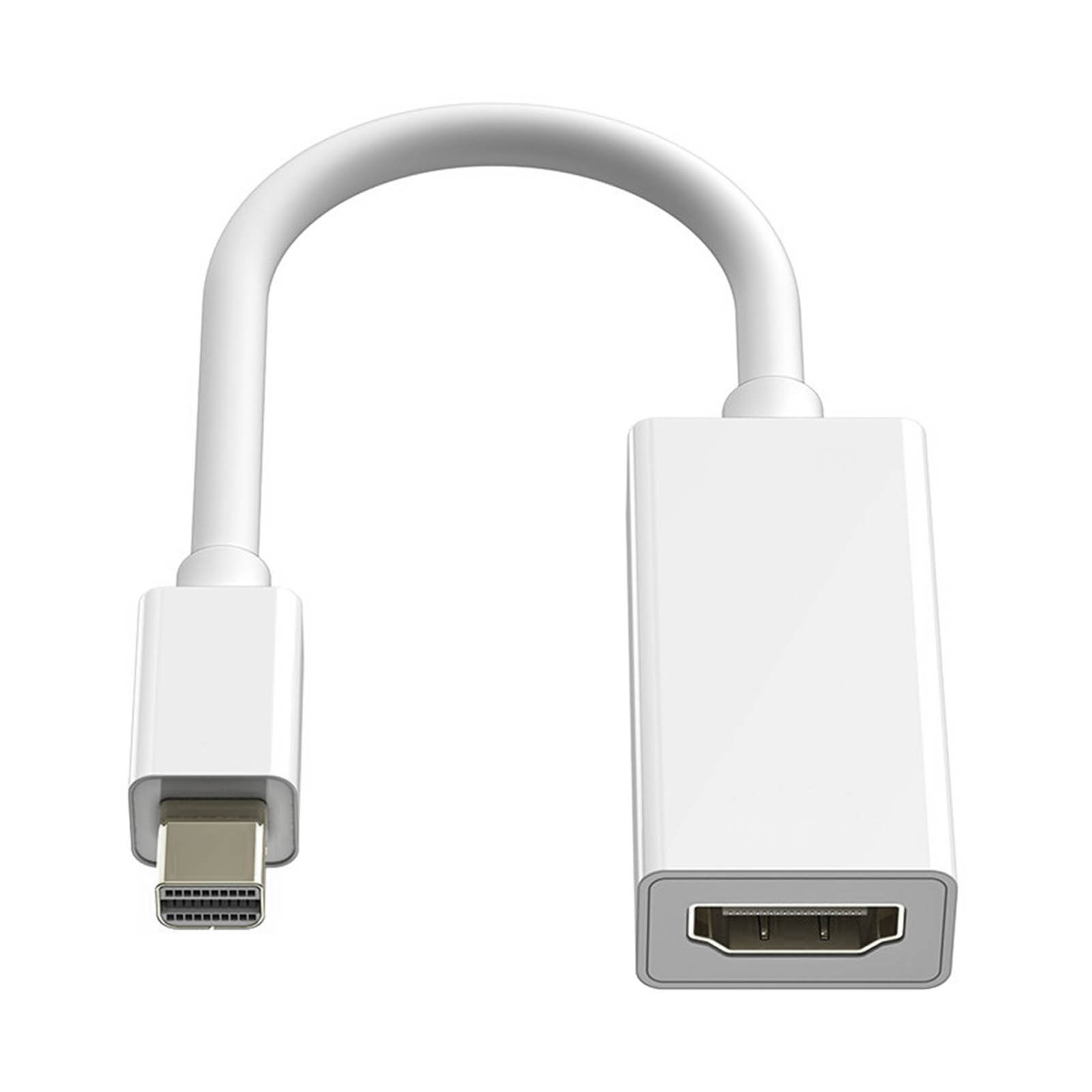 Un cavo adattatore bianco da HDMI a Mini DisplayPort, piegato ad arco, su sfondo bianco.