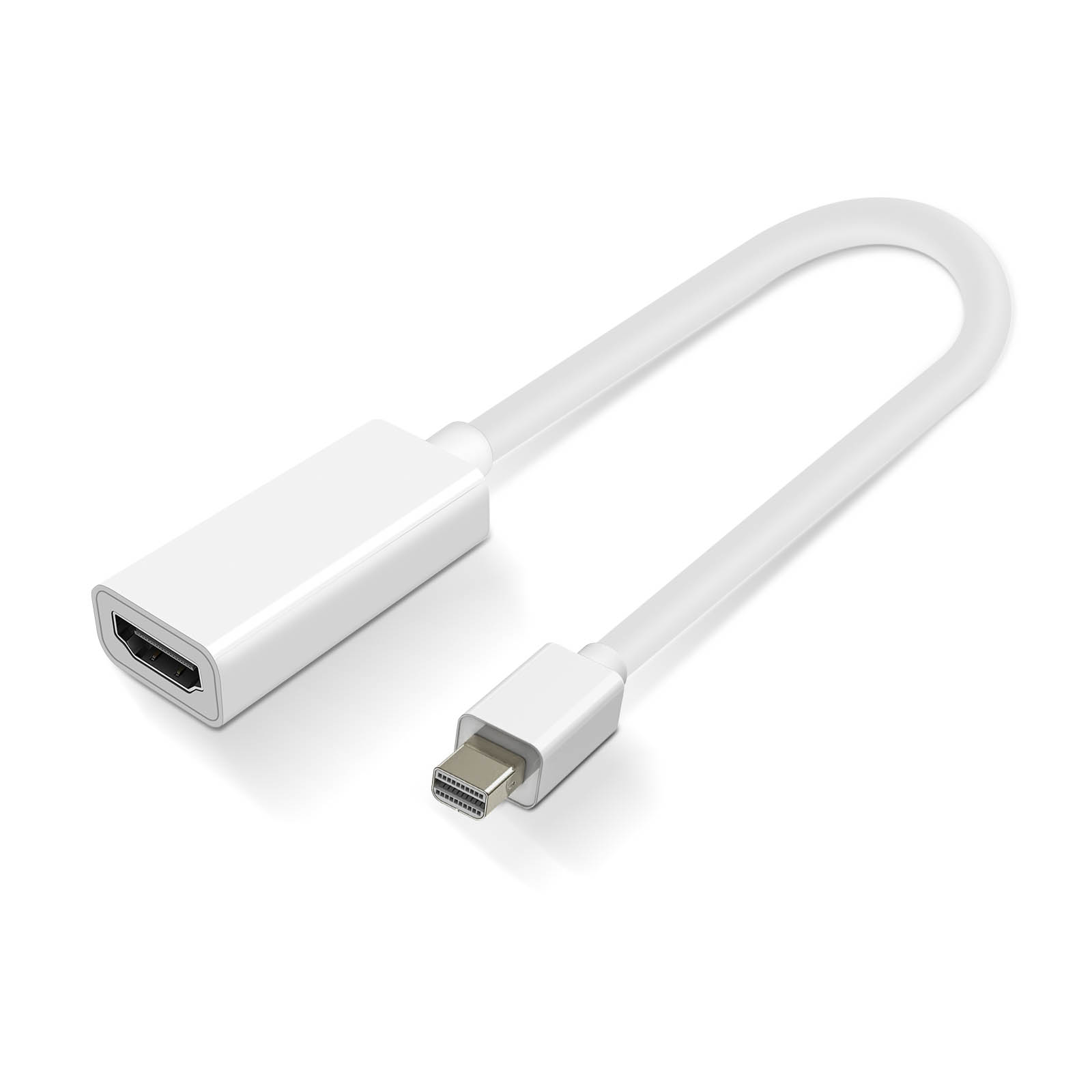 Cavo adattatore da HDMI a Mini DisplayPort bianco. Il cavo è su sfondo bianco. Un'estremità ha una porta HDMI, l'altra una Mini DisplayPort.