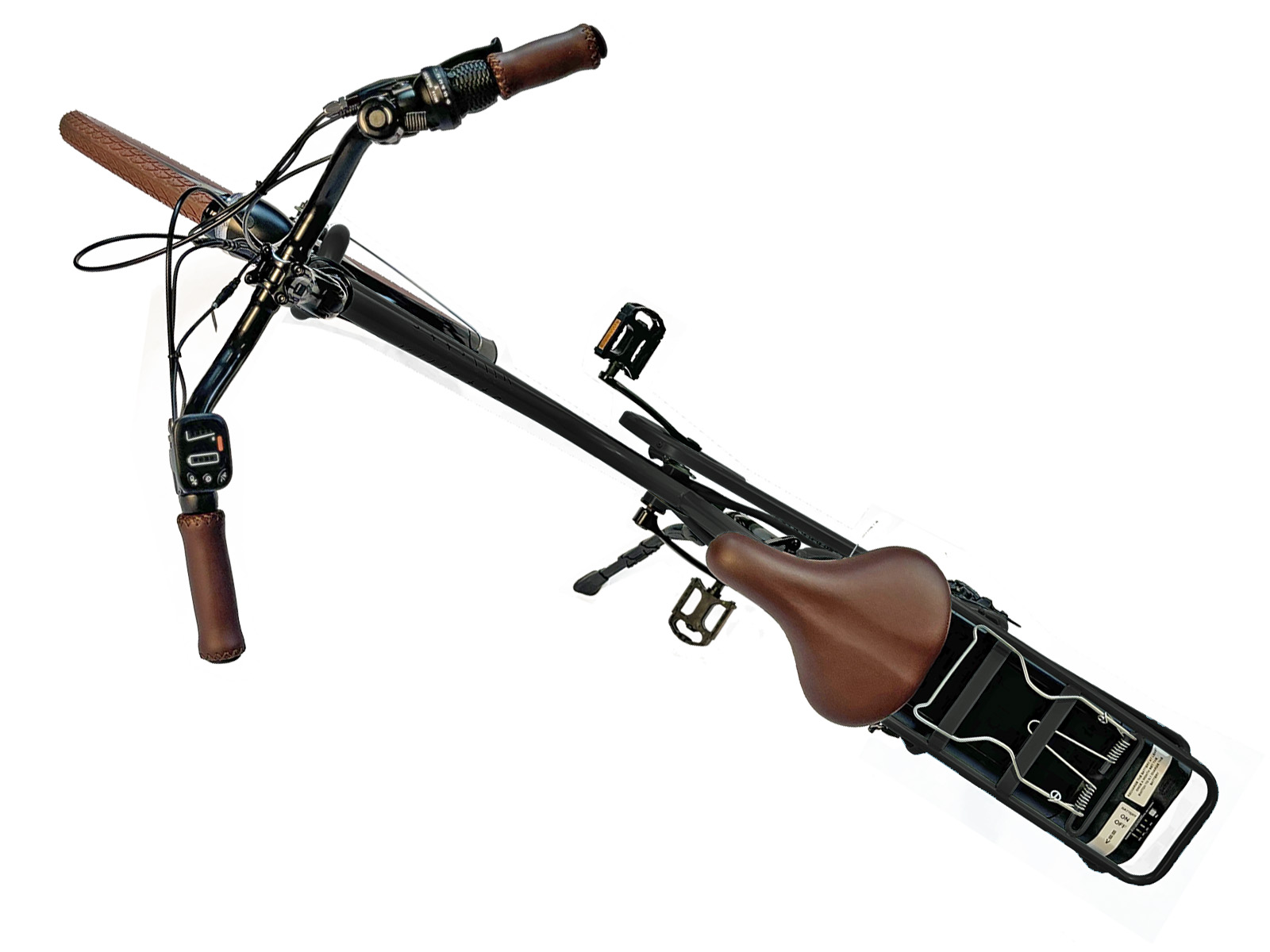 Bovenaanzicht van een zwarte fiets op een witte achtergrond. Voorzien van bruine lederen handvatten en zadel. Zwarte bagagedrager achter.