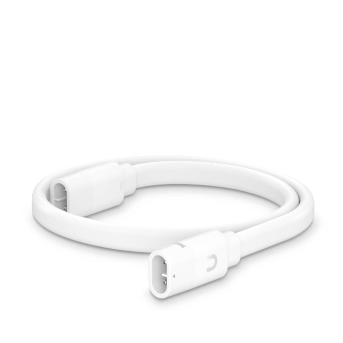 Un cavo bianco con due connettori. Il cavo è curvo. Un connettore ha un logo. Lo sfondo è bianco.