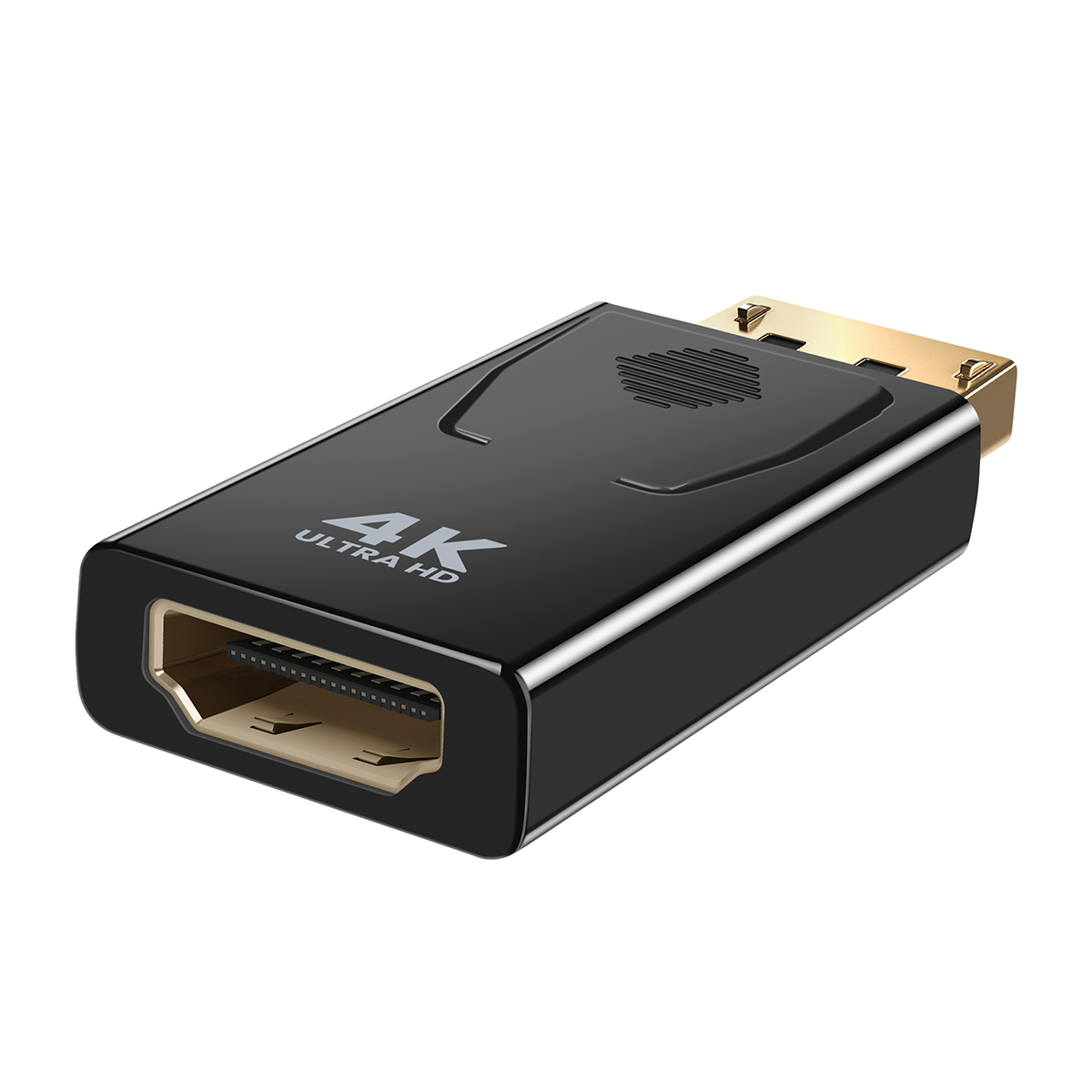 Un adattatore nero 4K Ultra HD con connettore dorato su sfondo bianco. Ha una porta HDMI.