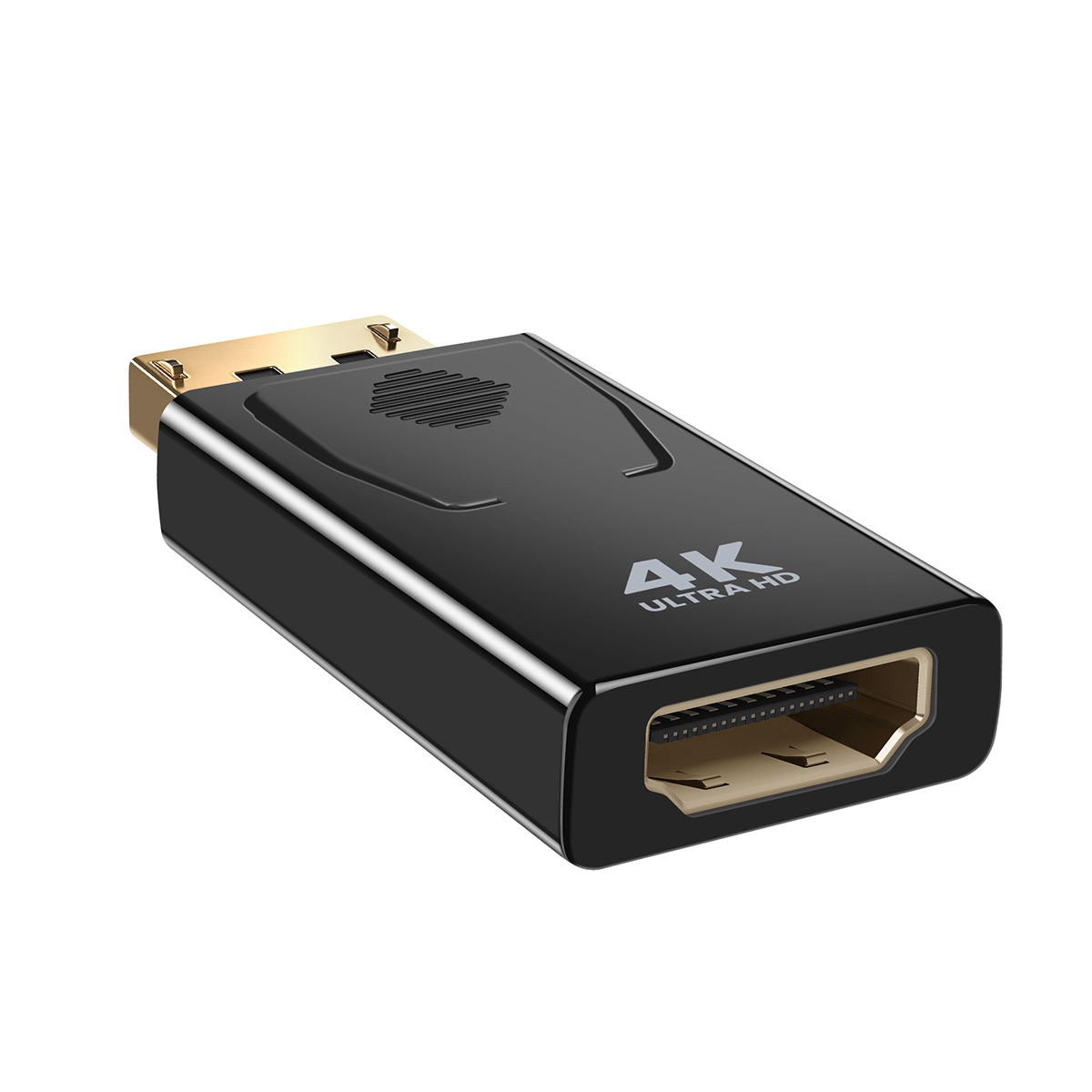 Un adattatore nero 4K Ultra HD con connettori color oro. Ha una DisplayPort da un lato e HDMI dall'altro.
