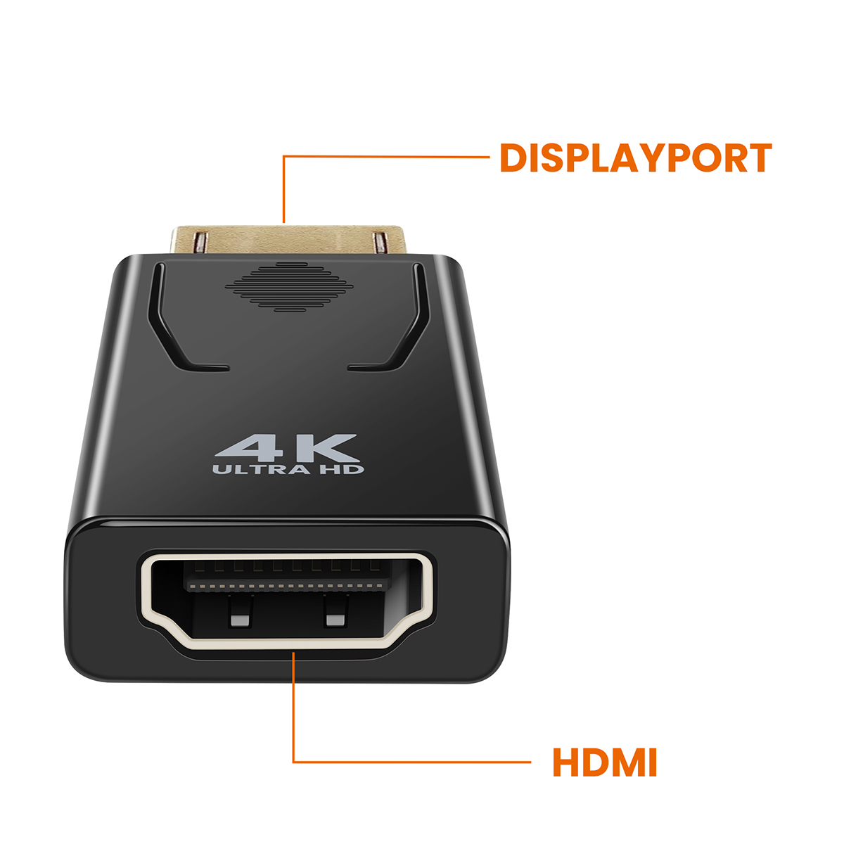 Un adattatore nero da HDMI a DisplayPort. Ha il testo "4K Ultra HD" ed etichette per i connettori DisplayPort e HDMI.