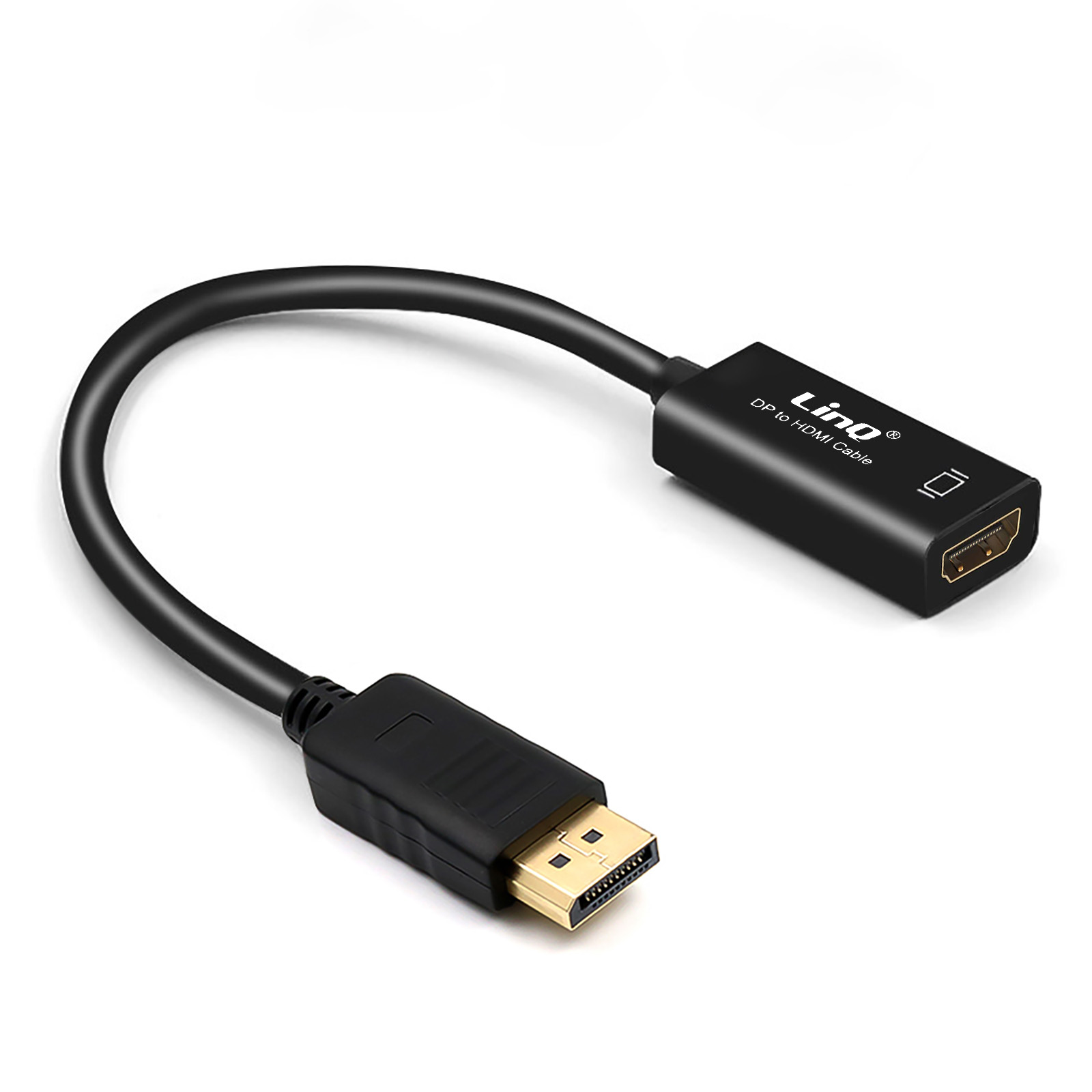 Cavo da DP a HDMI nero. Un cavo nero collega due connettori rettangolari neri. Sfondo bianco.