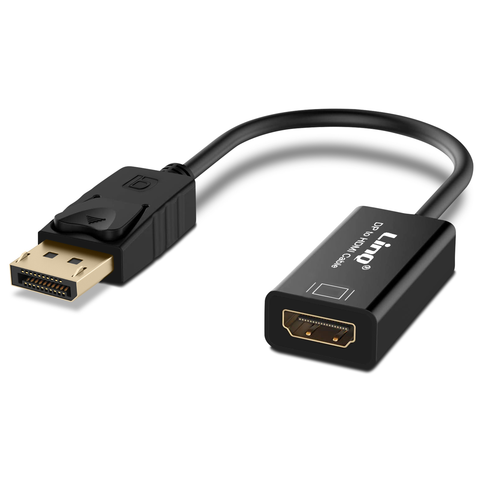 Cavo DP a HDMI nero, con connettori dorati, su una superficie bianca. Il cavo è etichettato 'Linq DP 1.0 HDMI Cable'.