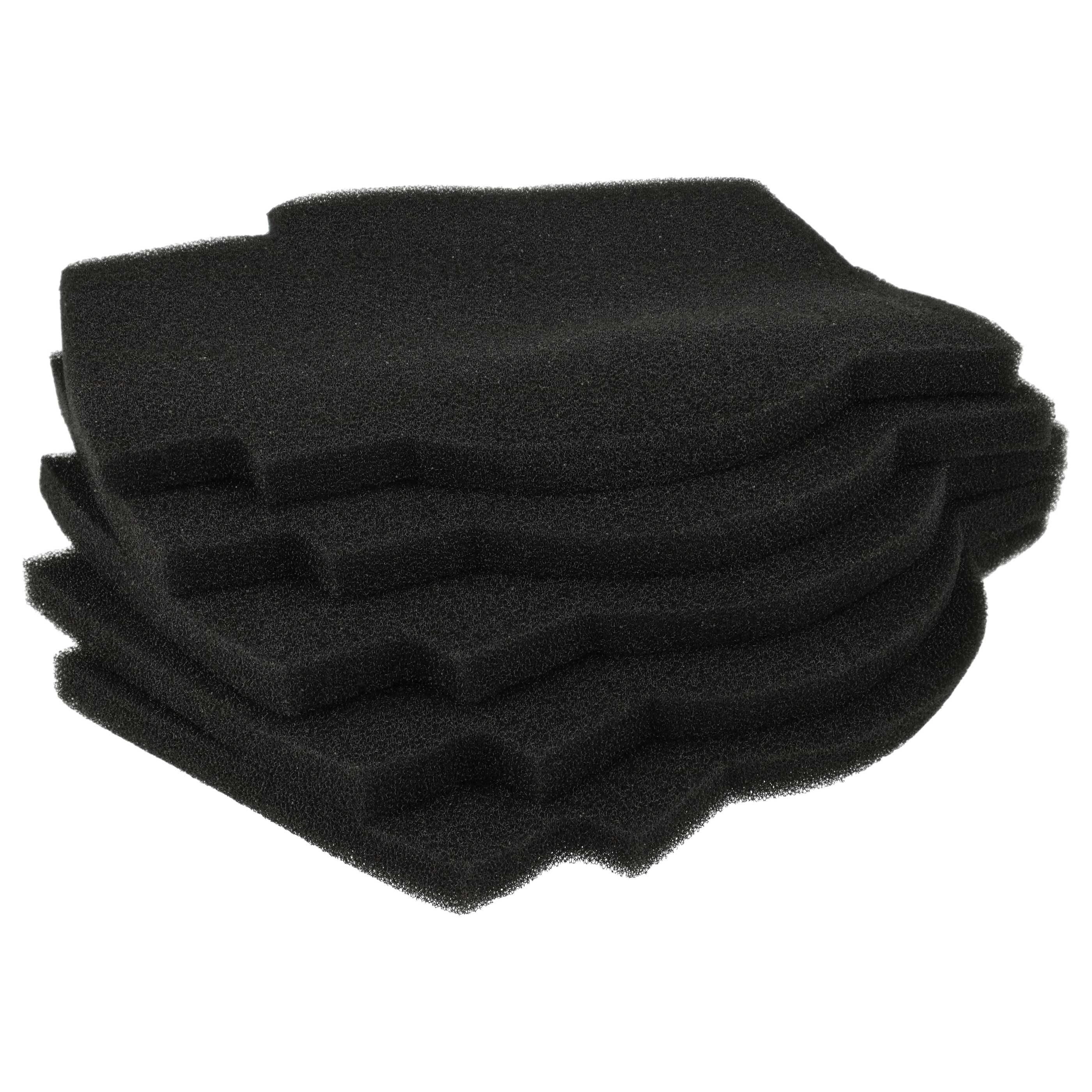 Ein Stapel schwarzer Schaumstoff-Filterpads. Die Pads haben eine poröse Textur und sind mit gebogenen Kanten geschnitten.