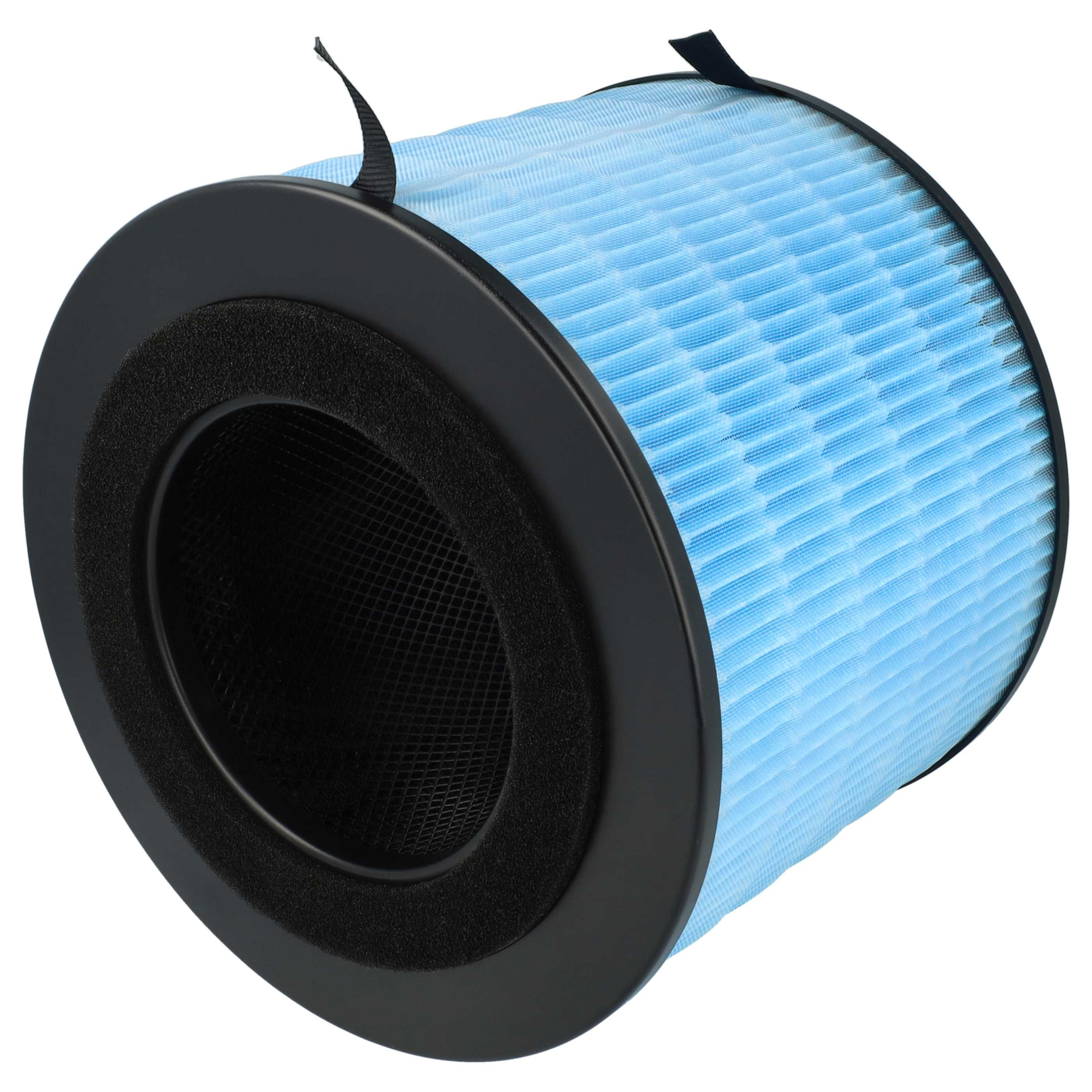 Ein Luftfilter mit einem blau gefalteten Filter, der von einem schwarzen Rahmen und schwarzem Netz umgeben ist. Der Filter hat schwarze Riemen.