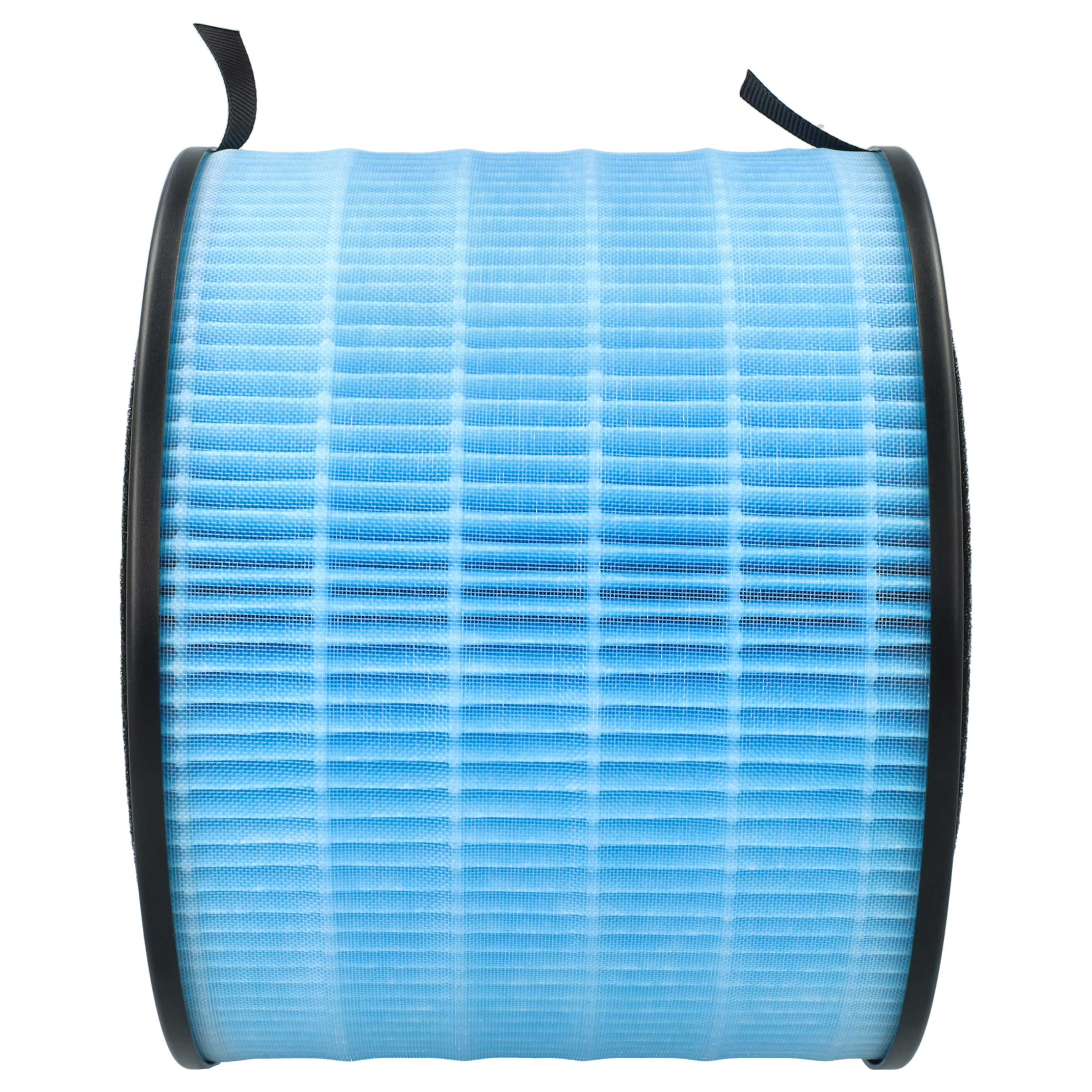 Ein zylindrischer Luftfilter mit blauem, gitterartigem Filter und schwarzem Rand sowie zwei schwarzen Riemen.